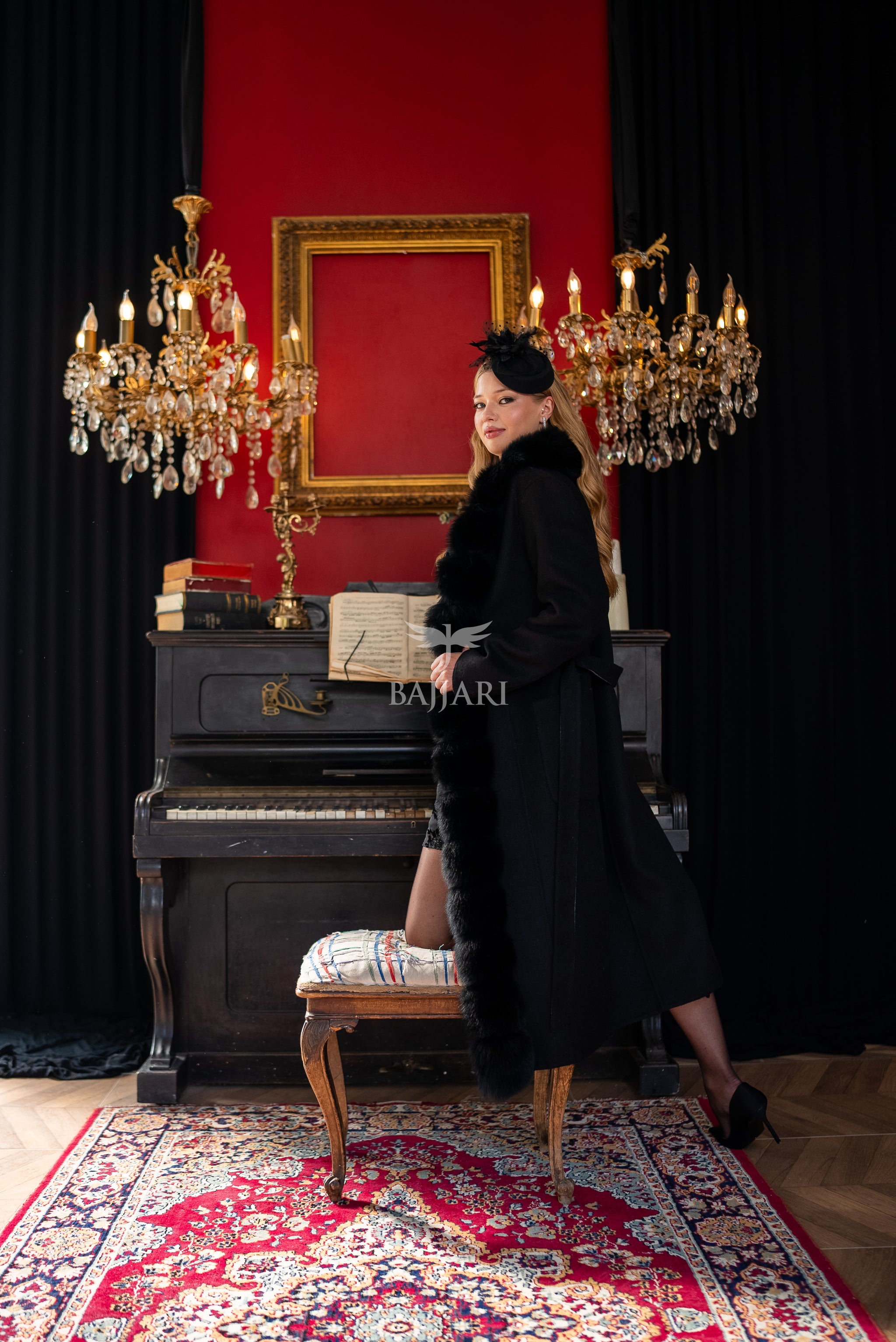 Elegant Alpaca Wool Fabric | Fox Fur Collar; Front Detail | Slit Skirt Cut -9220