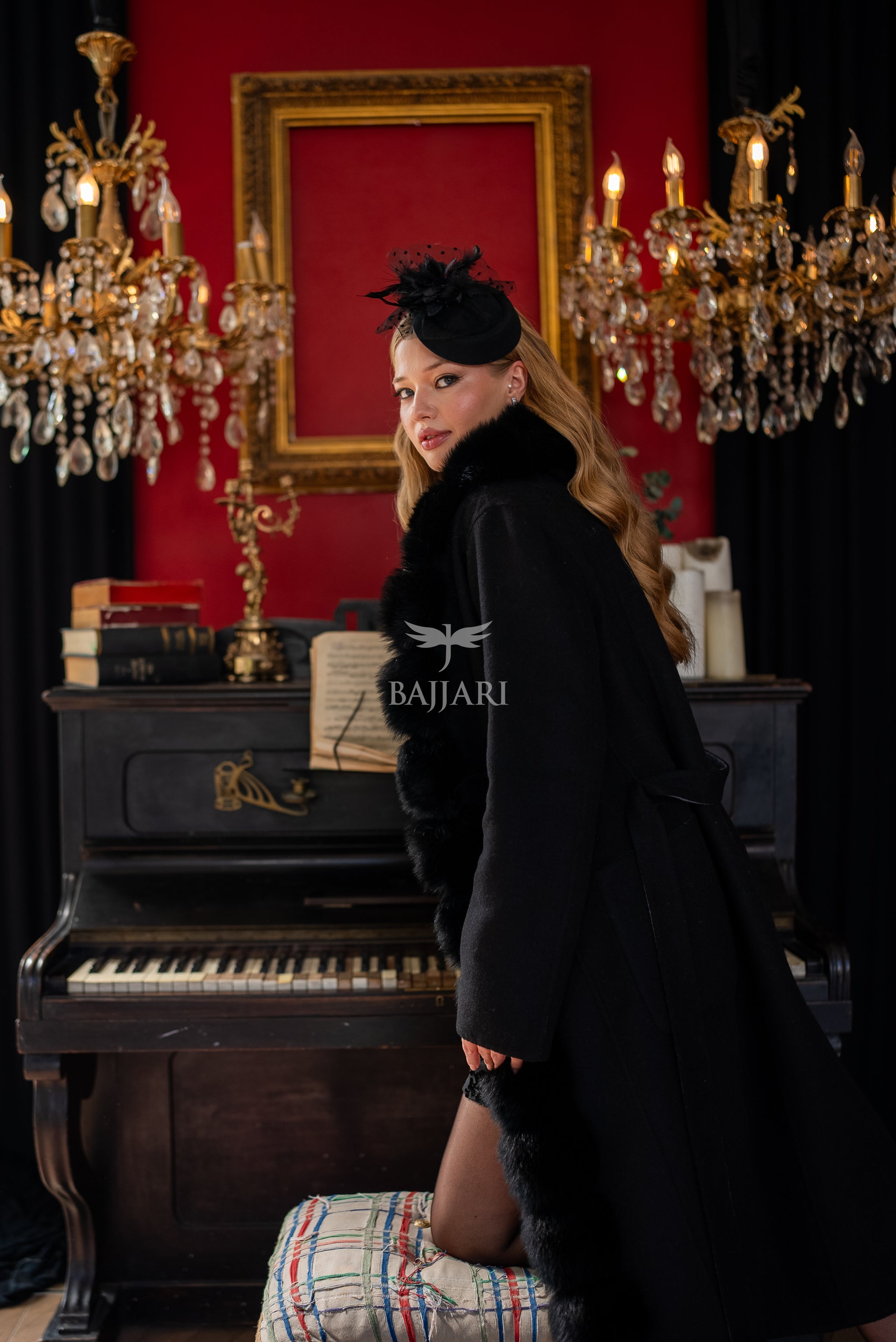 Elegant Alpaca Wool Fabric | Fox Fur Collar; Front Detail | Slit Skirt Cut -9220