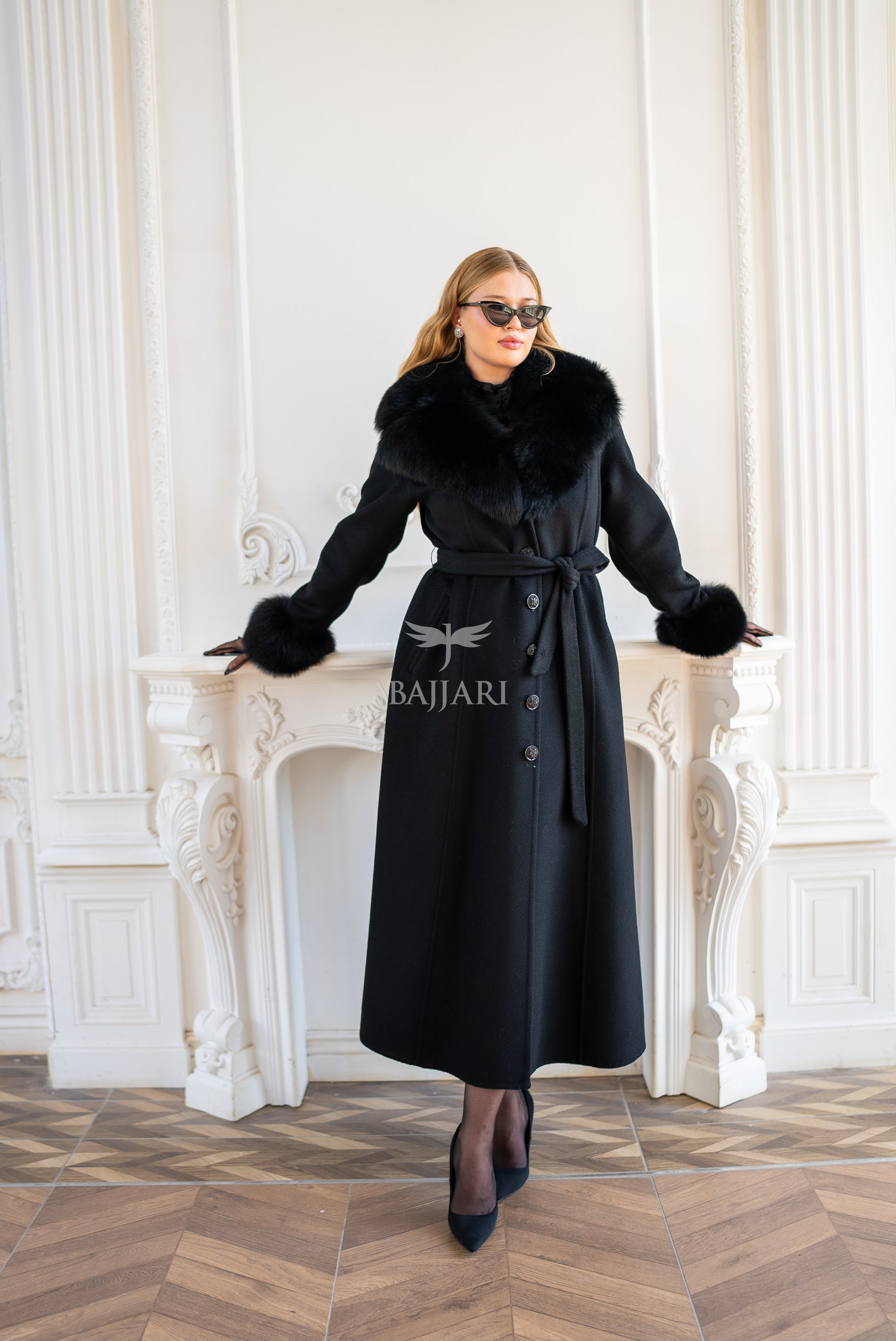 Elegant Zibellino Alpaca Fabric | Fox Fur Collar and Sleeves &amp; Cuff Detail | Flared Cut - Unique and Stylish Look -9499-