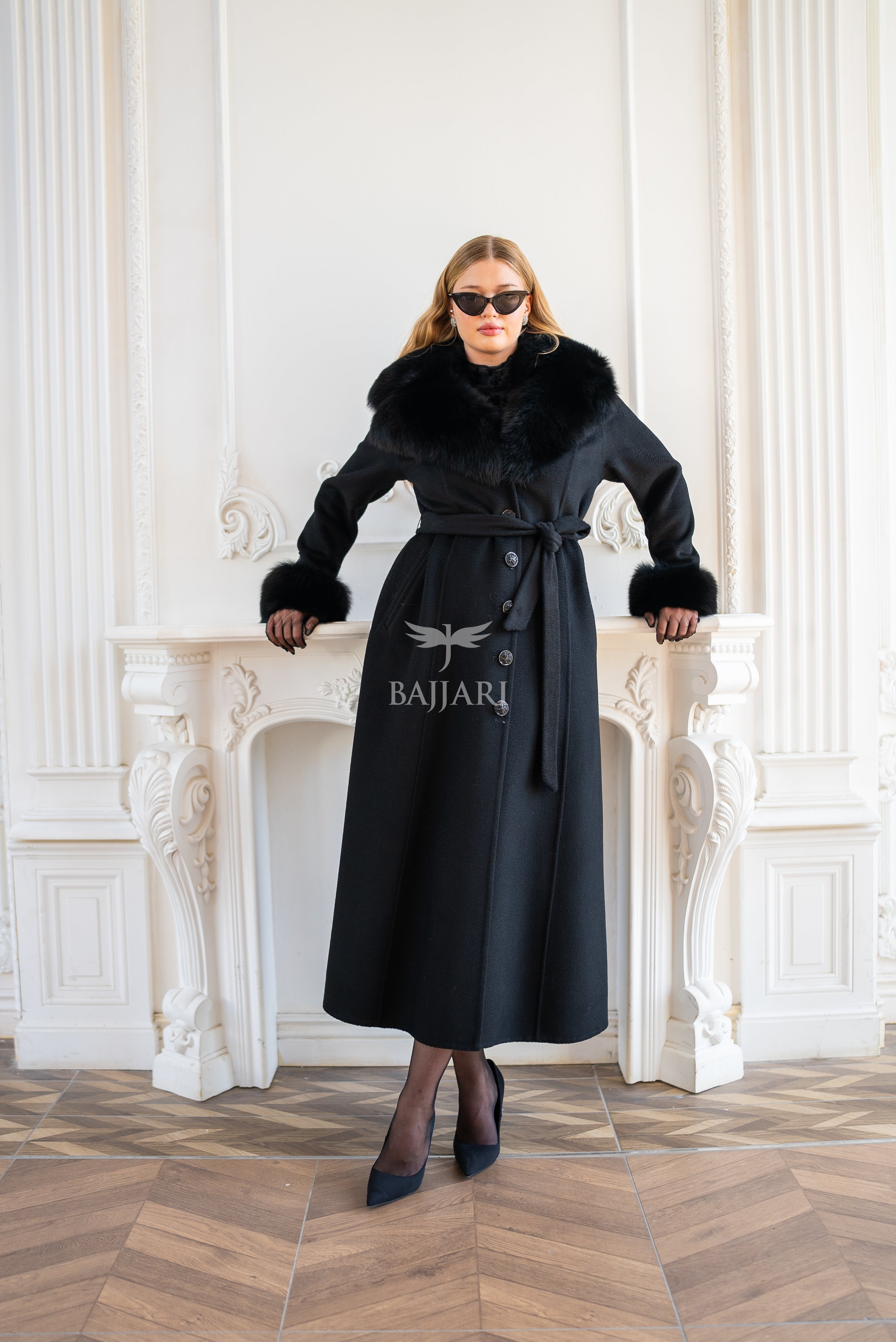 Elegant Zibellino Alpaca Fabric | Fox Fur Collar and Sleeves &amp; Cuff Detail | Flared Cut - Unique and Stylish Look -9499-