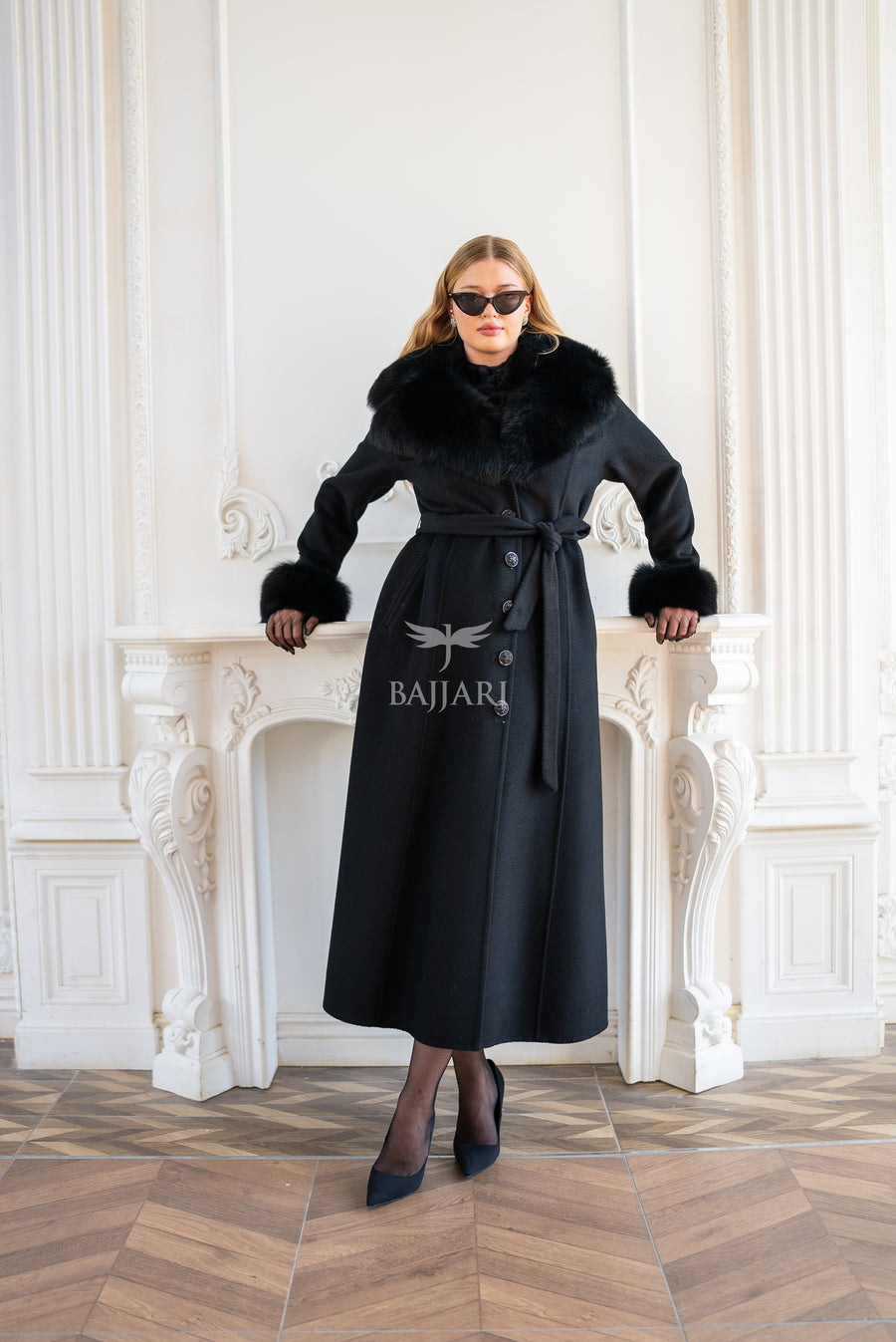 Elegant Zibellino Alpaca Fabric | Fox Fur Collar and Sleeves &amp; Cuff Detail | Flared Cut - Unique and Stylish Look -9499-