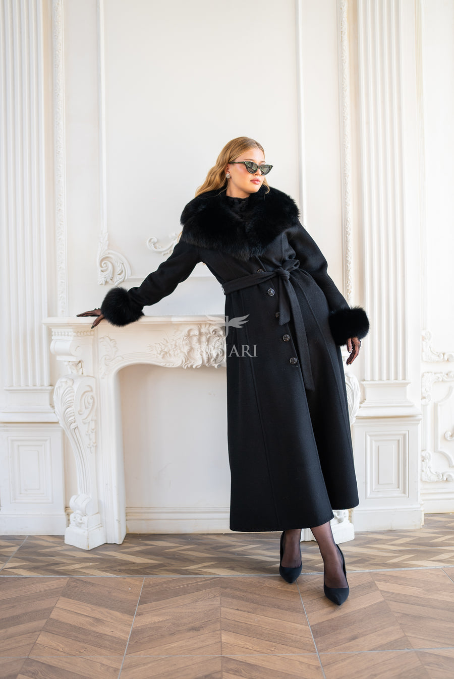 Elegant Zibellino Alpaca Fabric | Fox Fur Collar and Sleeves &amp; Cuff Detail | Flared Cut - Unique and Stylish Look -9499-