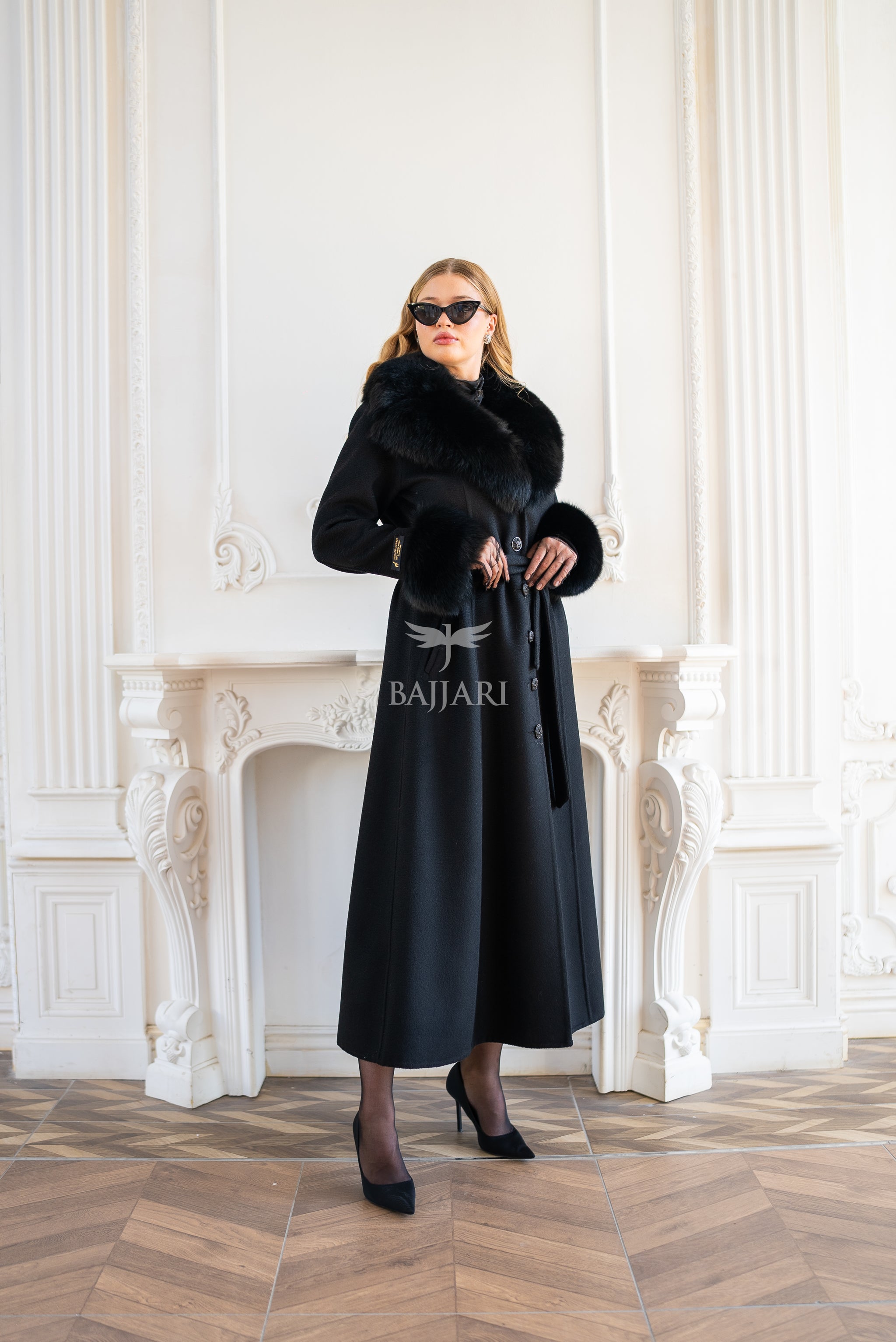 Elegant Zibellino Alpaca Fabric | Fox Fur Collar and Sleeves &amp; Cuff Detail | Flared Cut - Unique and Stylish Look -9499-