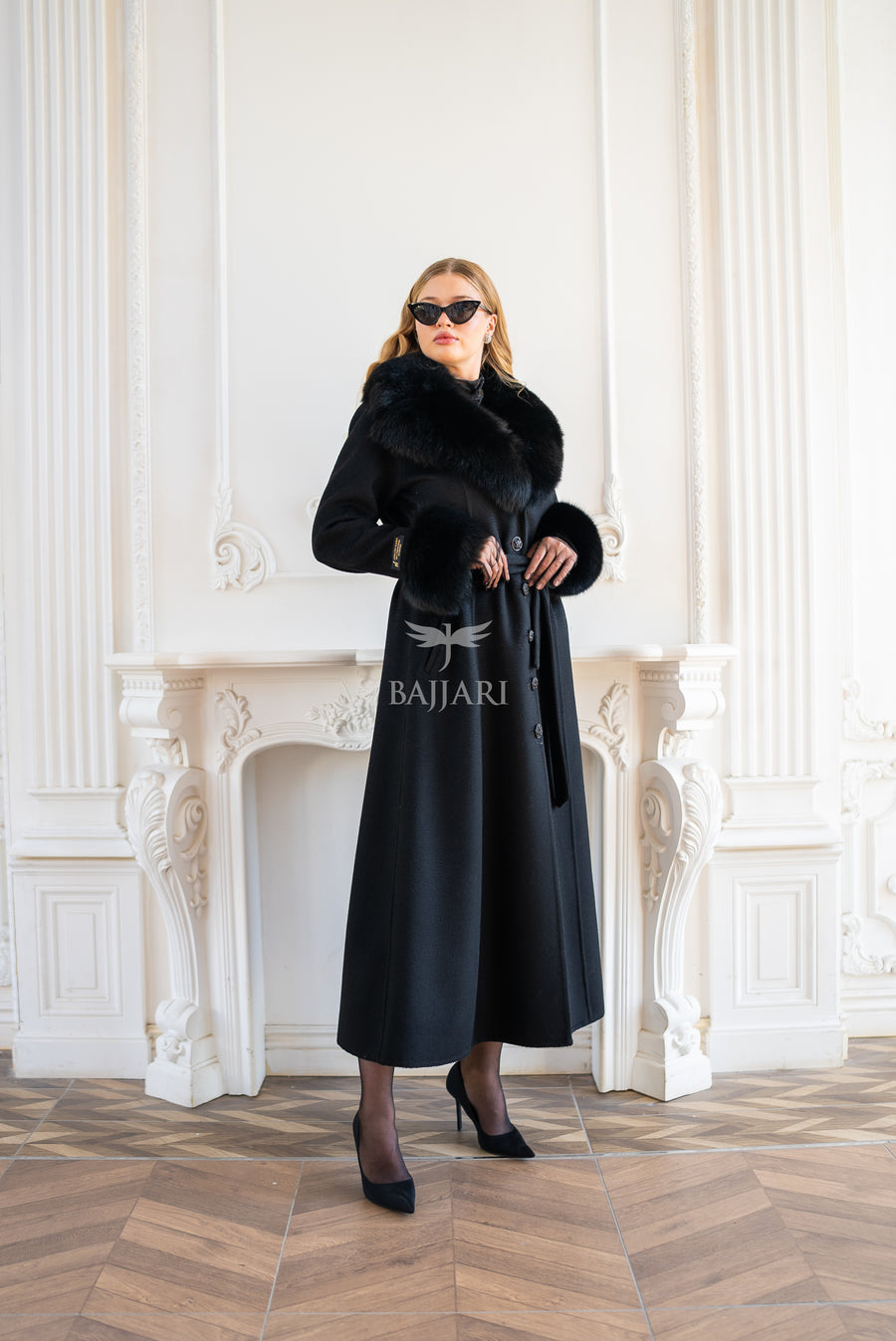 Elegant Zibellino Alpaca Fabric | Fox Fur Collar and Sleeves &amp; Cuff Detail | Flared Cut - Unique and Stylish Look -9499-