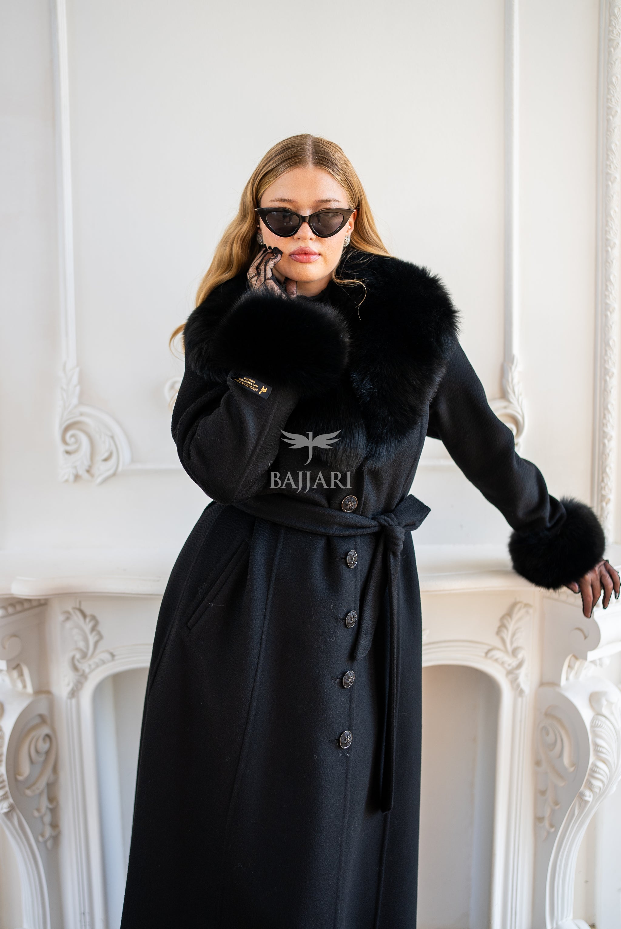 Elegant Zibellino Alpaca Fabric | Fox Fur Collar and Sleeves &amp; Cuff Detail | Flared Cut - Unique and Stylish Look -9499-