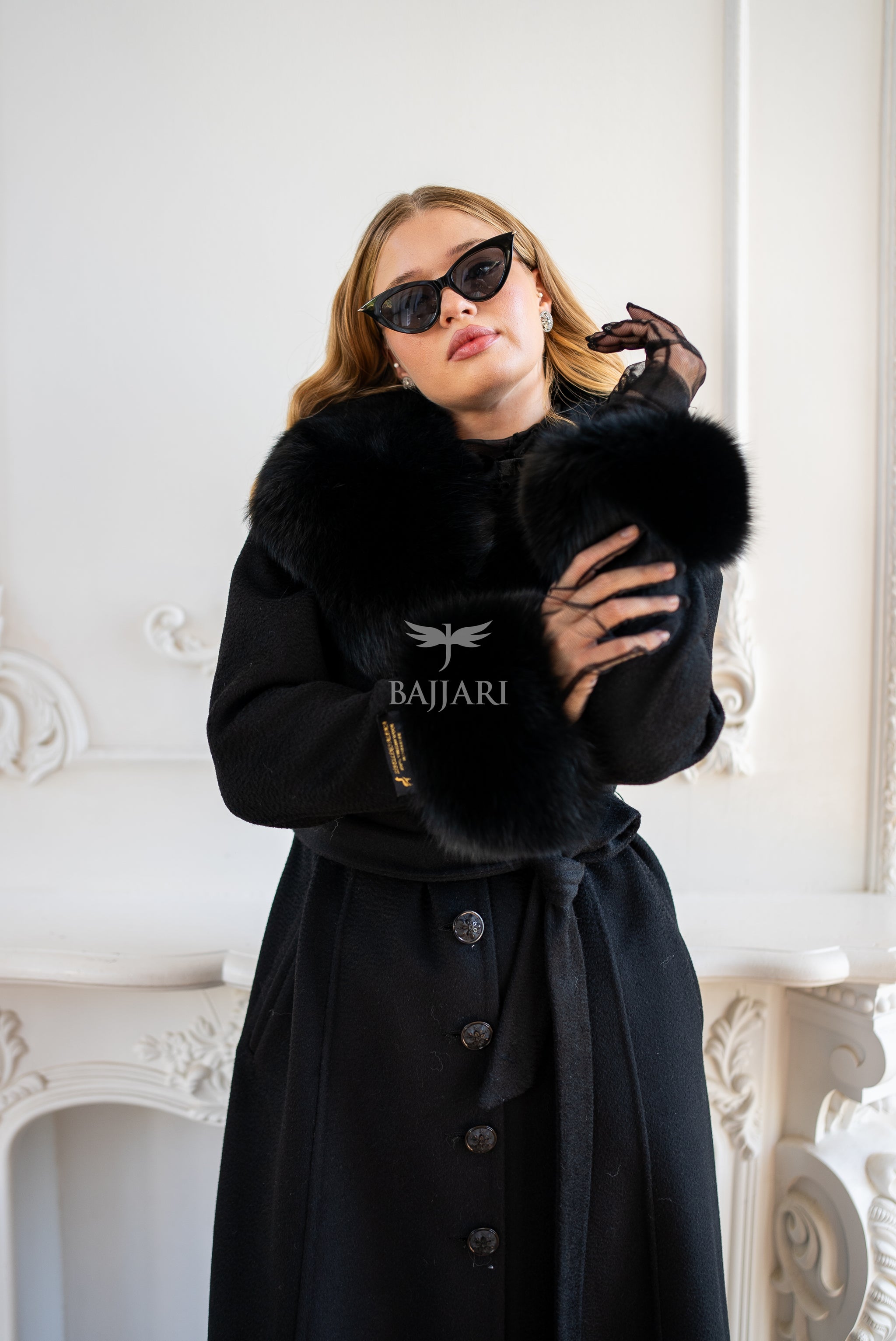 Elegant Zibellino Alpaca Fabric | Fox Fur Collar and Sleeves &amp; Cuff Detail | Flared Cut - Unique and Stylish Look -9499-