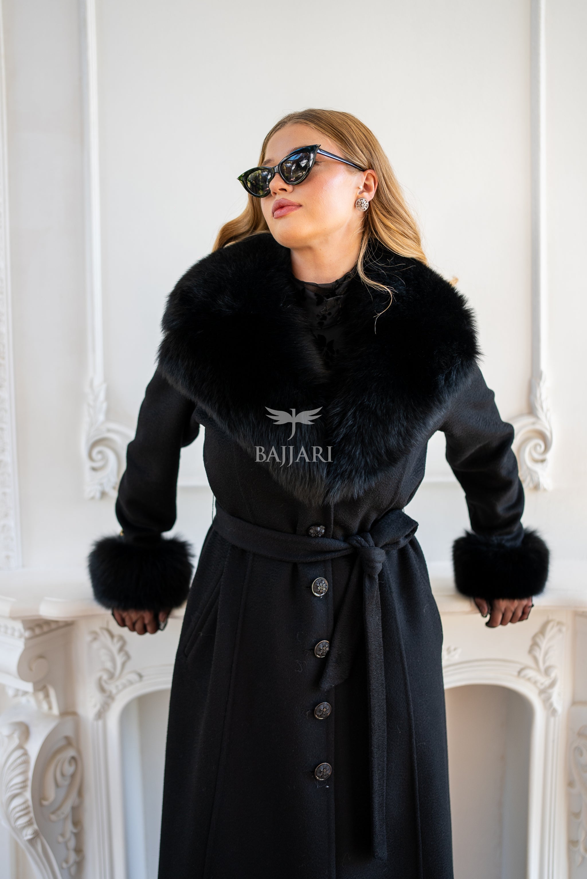 Elegant Zibellino Alpaca Fabric | Fox Fur Collar and Sleeves &amp; Cuff Detail | Flared Cut - Unique and Stylish Look -9499-