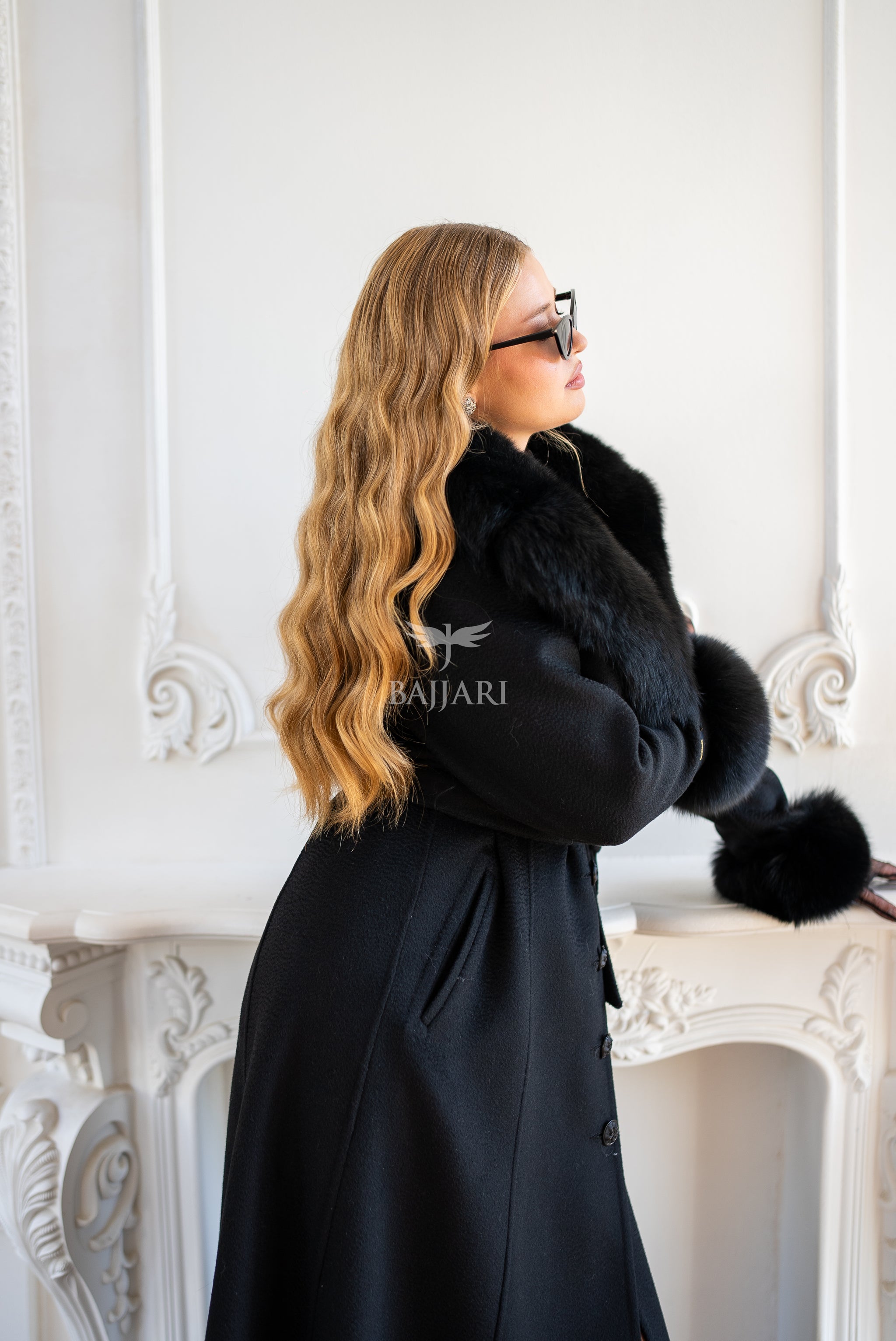 Elegant Zibellino Alpaca Fabric | Fox Fur Collar and Sleeves &amp; Cuff Detail | Flared Cut - Unique and Stylish Look -9499-