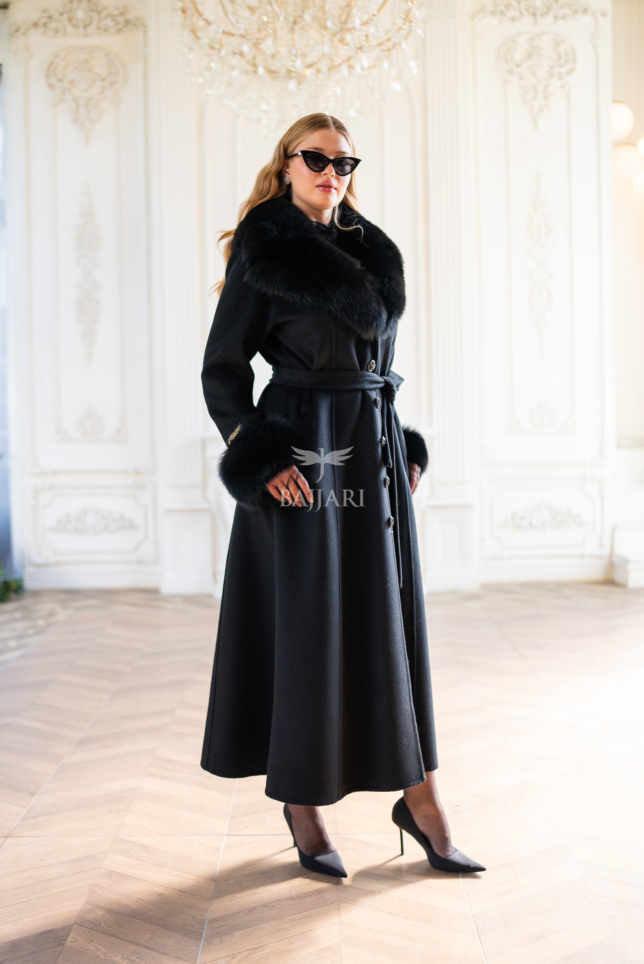 Elegant Zibellino Alpaca Fabric | Fox Fur Collar and Sleeves &amp; Cuff Detail | Flared Cut - Unique and Stylish Look -9499-