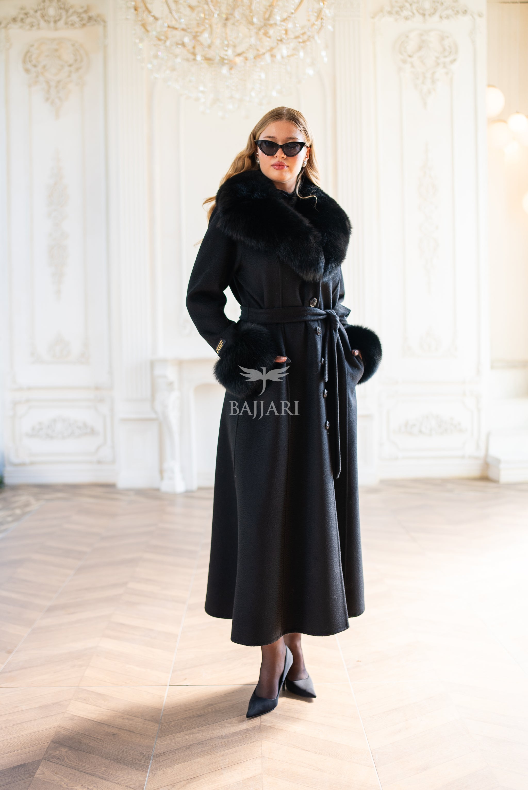 Elegant Zibellino Alpaca Fabric | Fox Fur Collar and Sleeves &amp; Cuff Detail | Flared Cut - Unique and Stylish Look -9499-