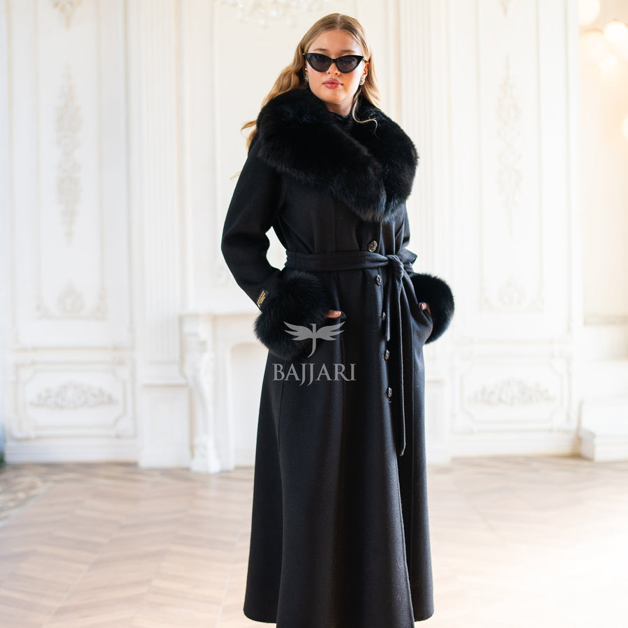 Elegant Zibellino Alpaca Fabric | Fox Fur Collar and Sleeves &amp; Cuff Detail | Flared Cut - Unique and Stylish Look -9499-