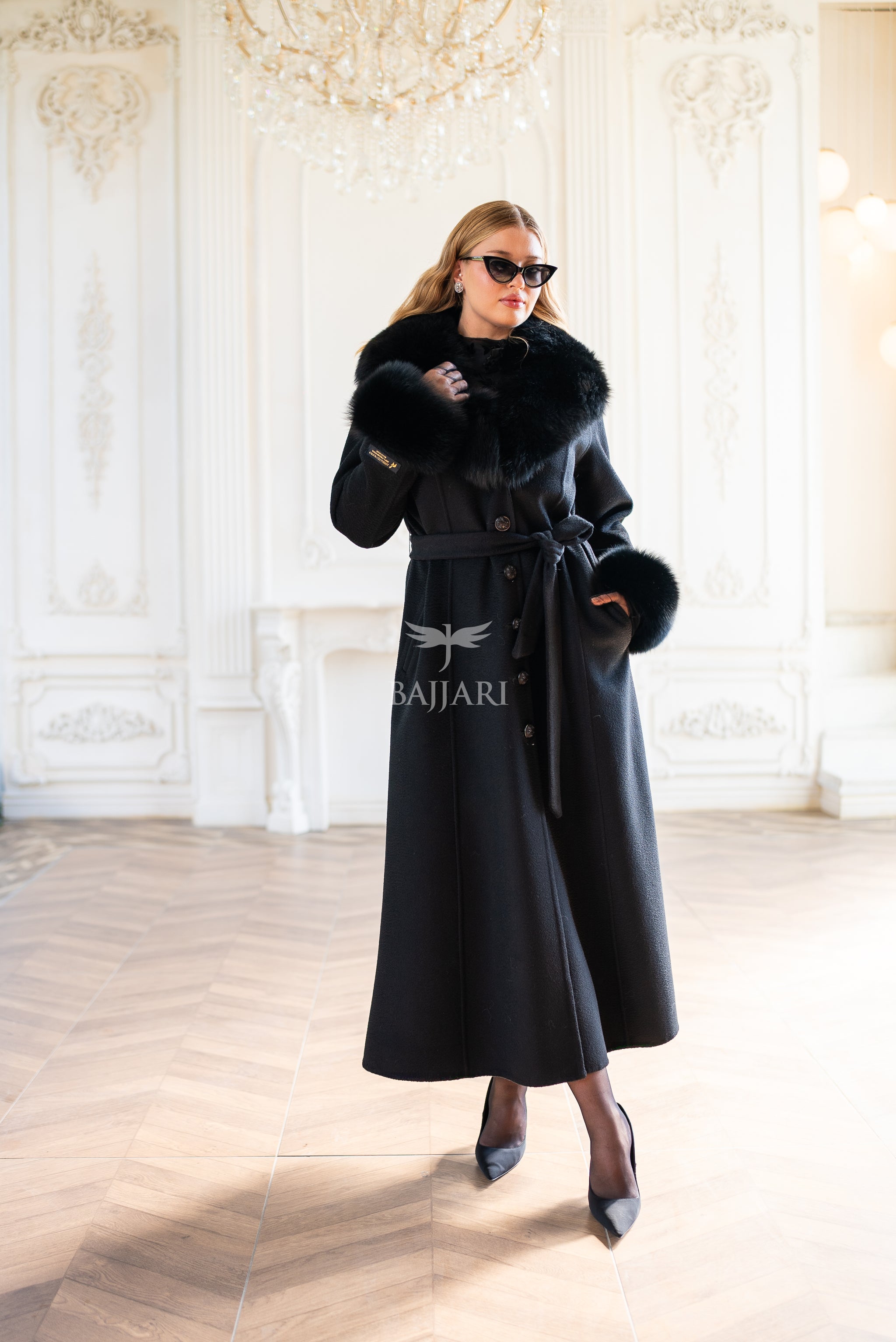 Elegant Zibellino Alpaca Fabric | Fox Fur Collar and Sleeves &amp; Cuff Detail | Flared Cut - Unique and Stylish Look -9499-