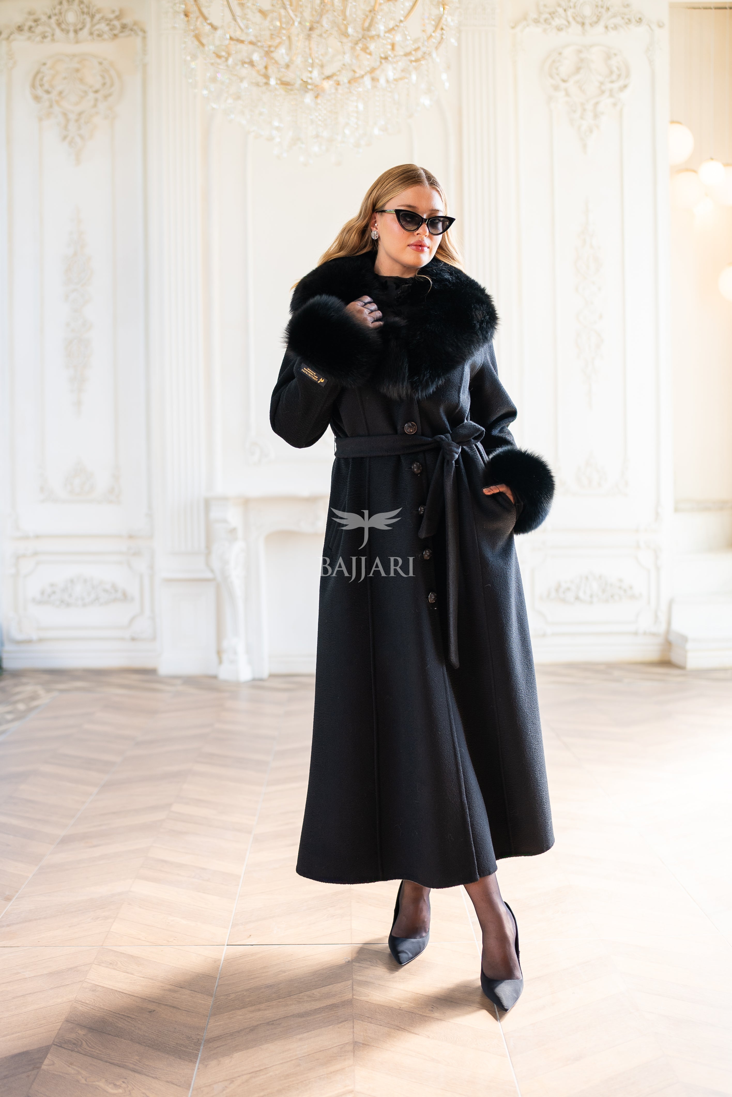 Elegant Zibellino Alpaca Fabric | Fox Fur Collar and Sleeves &amp; Cuff Detail | Flared Cut - Unique and Stylish Look -9499-