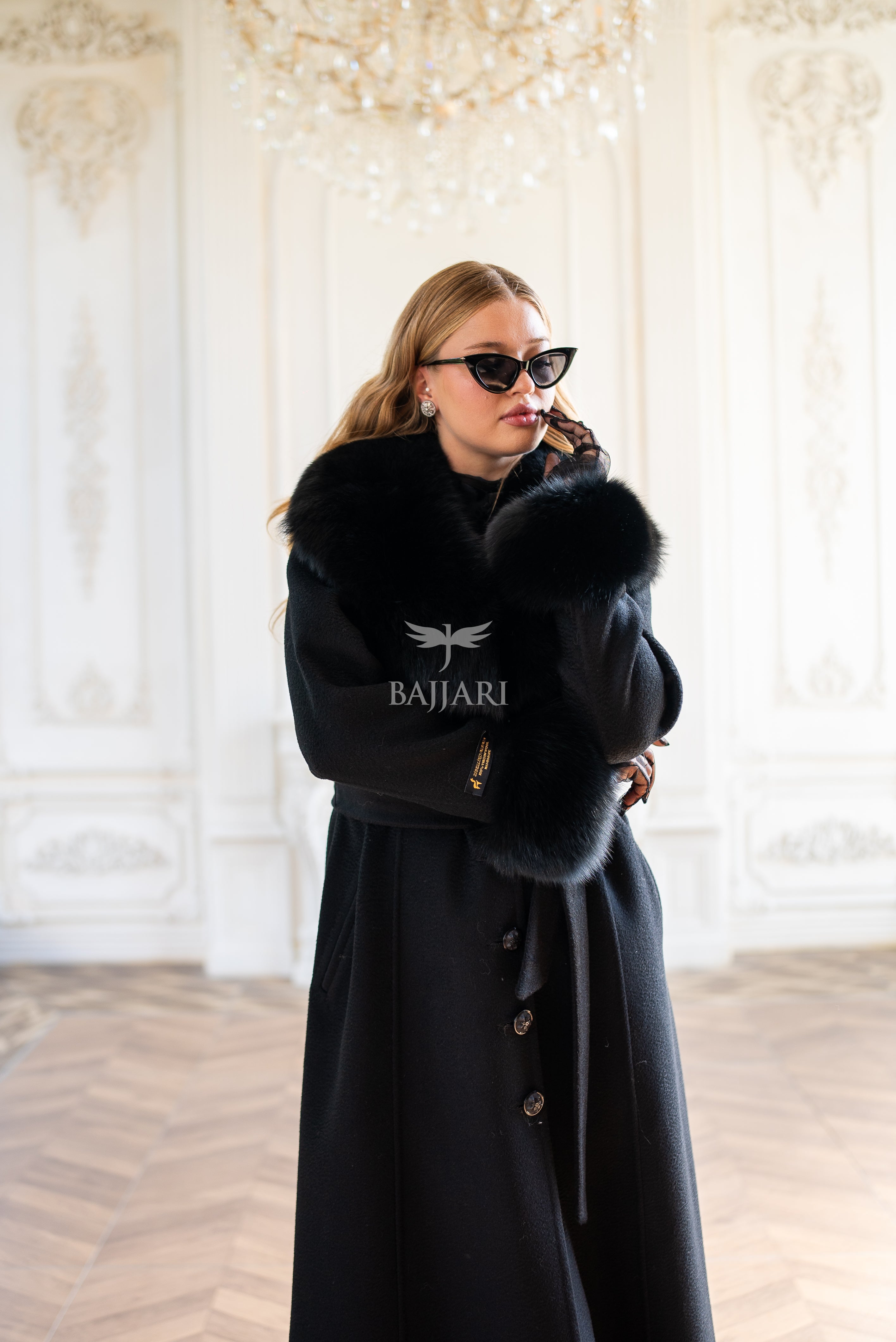 Elegant Zibellino Alpaca Fabric | Fox Fur Collar and Sleeves &amp; Cuff Detail | Flared Cut - Unique and Stylish Look -9499-