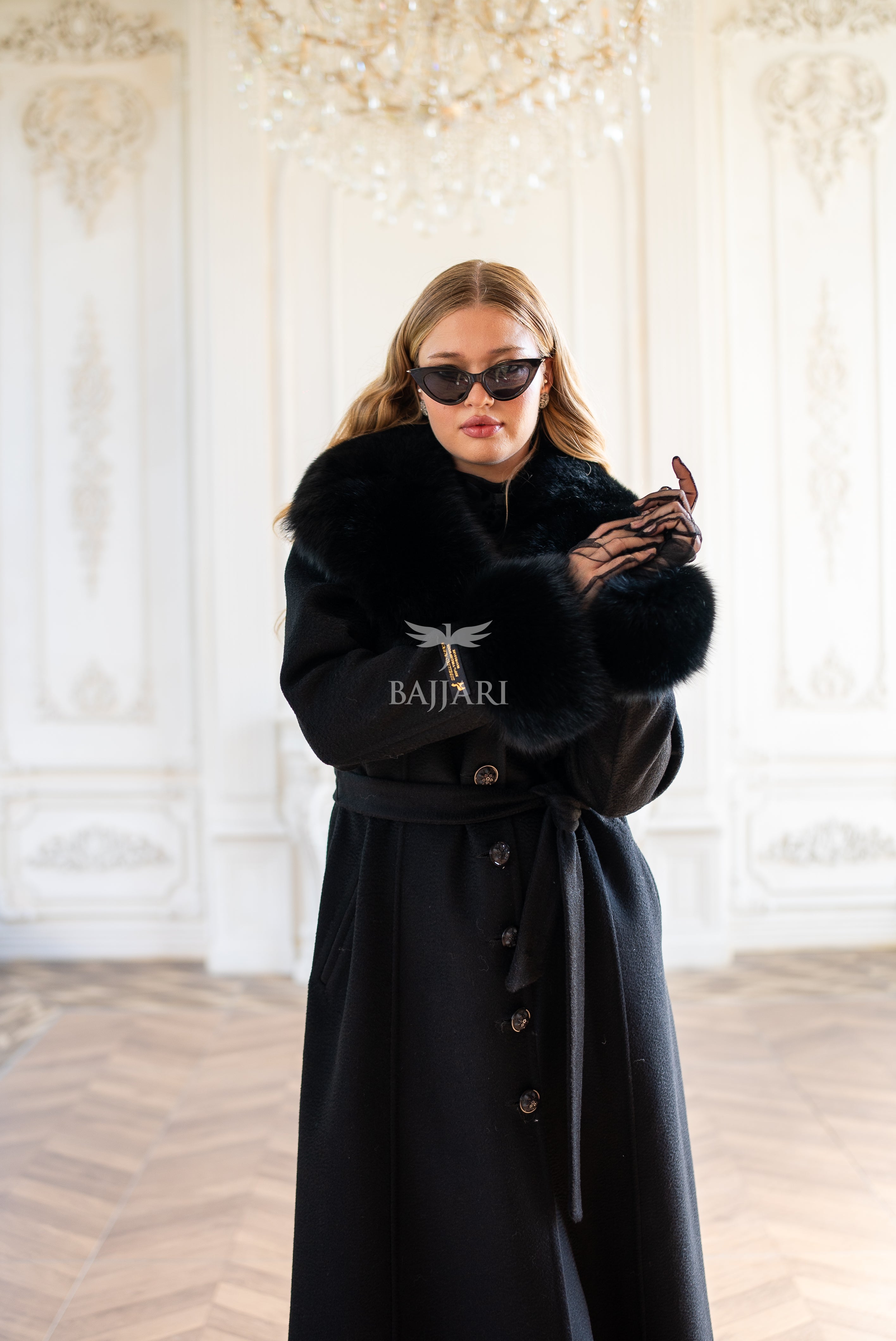 Elegant Zibellino Alpaca Fabric | Fox Fur Collar and Sleeves &amp; Cuff Detail | Flared Cut - Unique and Stylish Look -9499-
