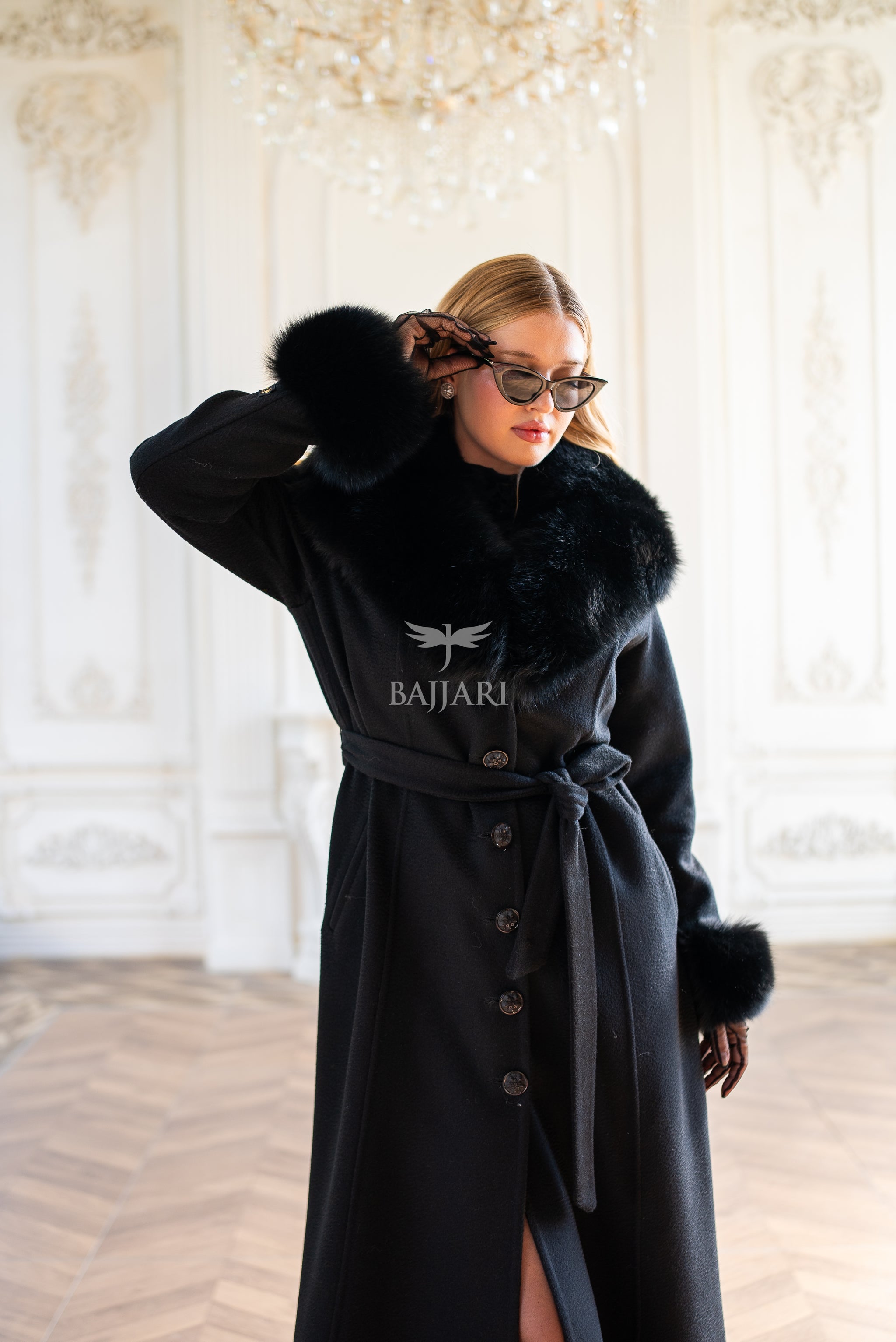 Elegant Zibellino Alpaca Fabric | Fox Fur Collar and Sleeves &amp; Cuff Detail | Flared Cut - Unique and Stylish Look -9499-