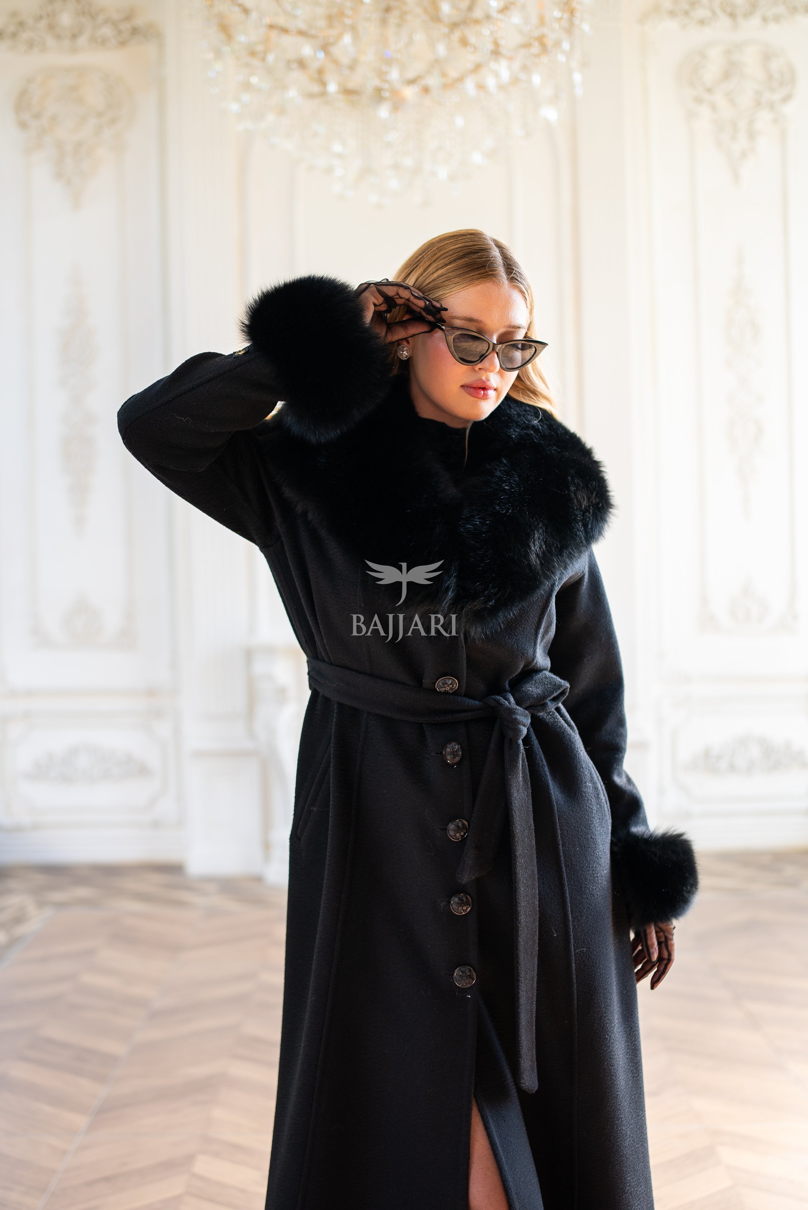 Elegant Zibellino Alpaca Fabric | Fox Fur Collar and Sleeves &amp; Cuff Detail | Flared Cut - Unique and Stylish Look -9499-