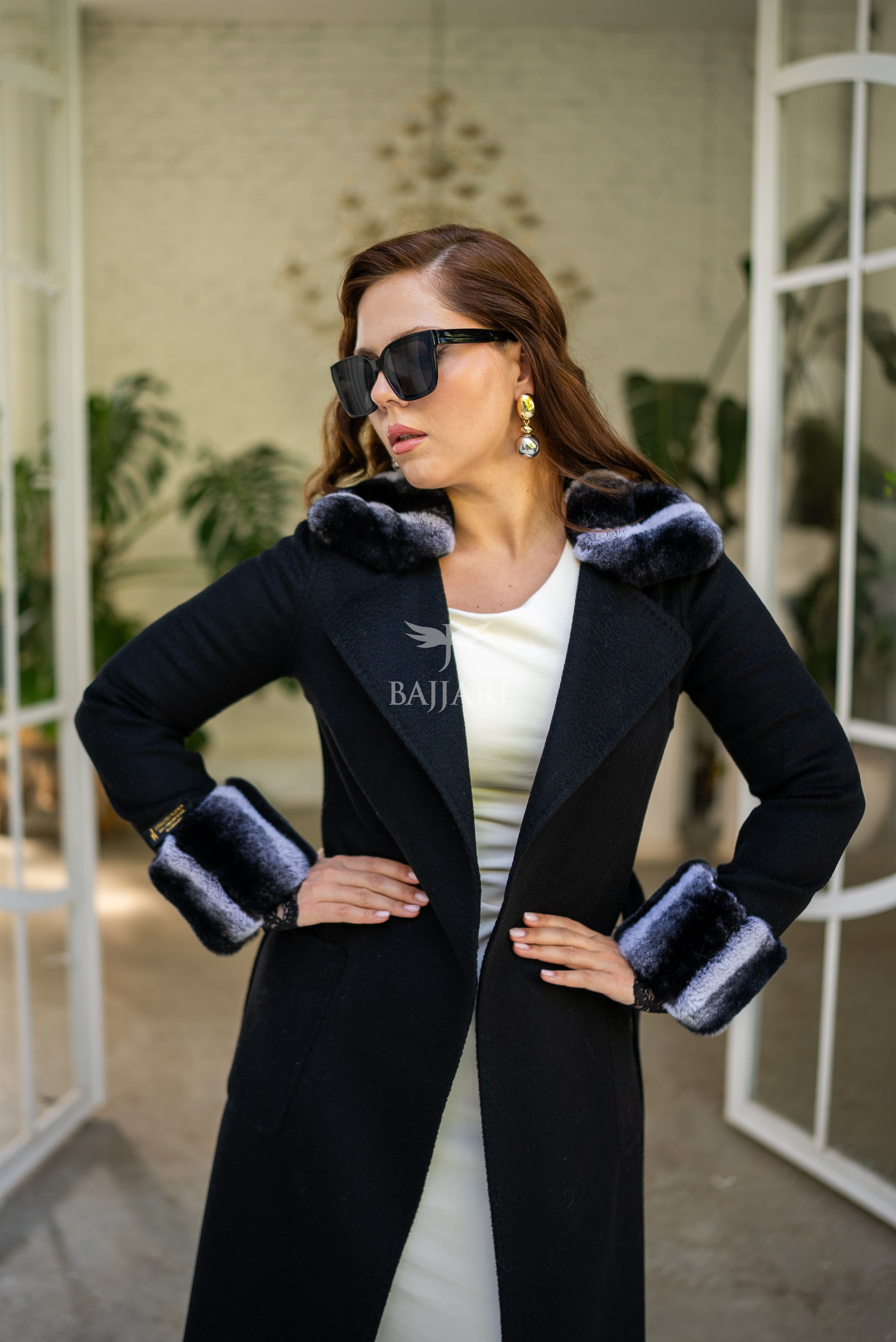 Zibellino Alpaca Fabric | Rabbit Rex Fur Collar and Sleeves &amp; Cuff Detail | Slit Skirt Cut -1090 Zibellino Rex-