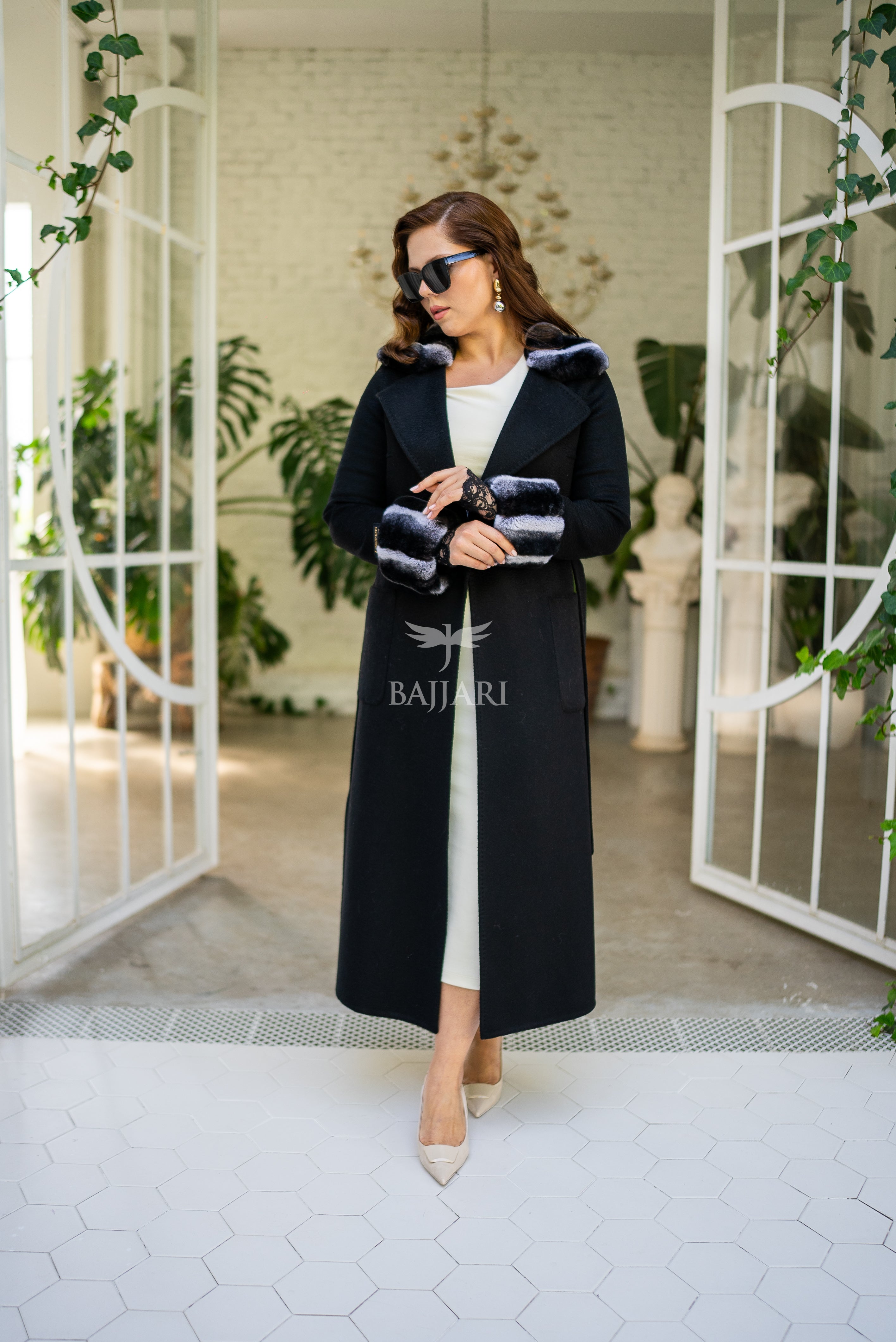 Zibellino Alpaca Fabric | Rabbit Rex Fur Collar and Sleeves &amp; Cuff Detail | Slit Skirt Cut -1090 Zibellino Rex-
