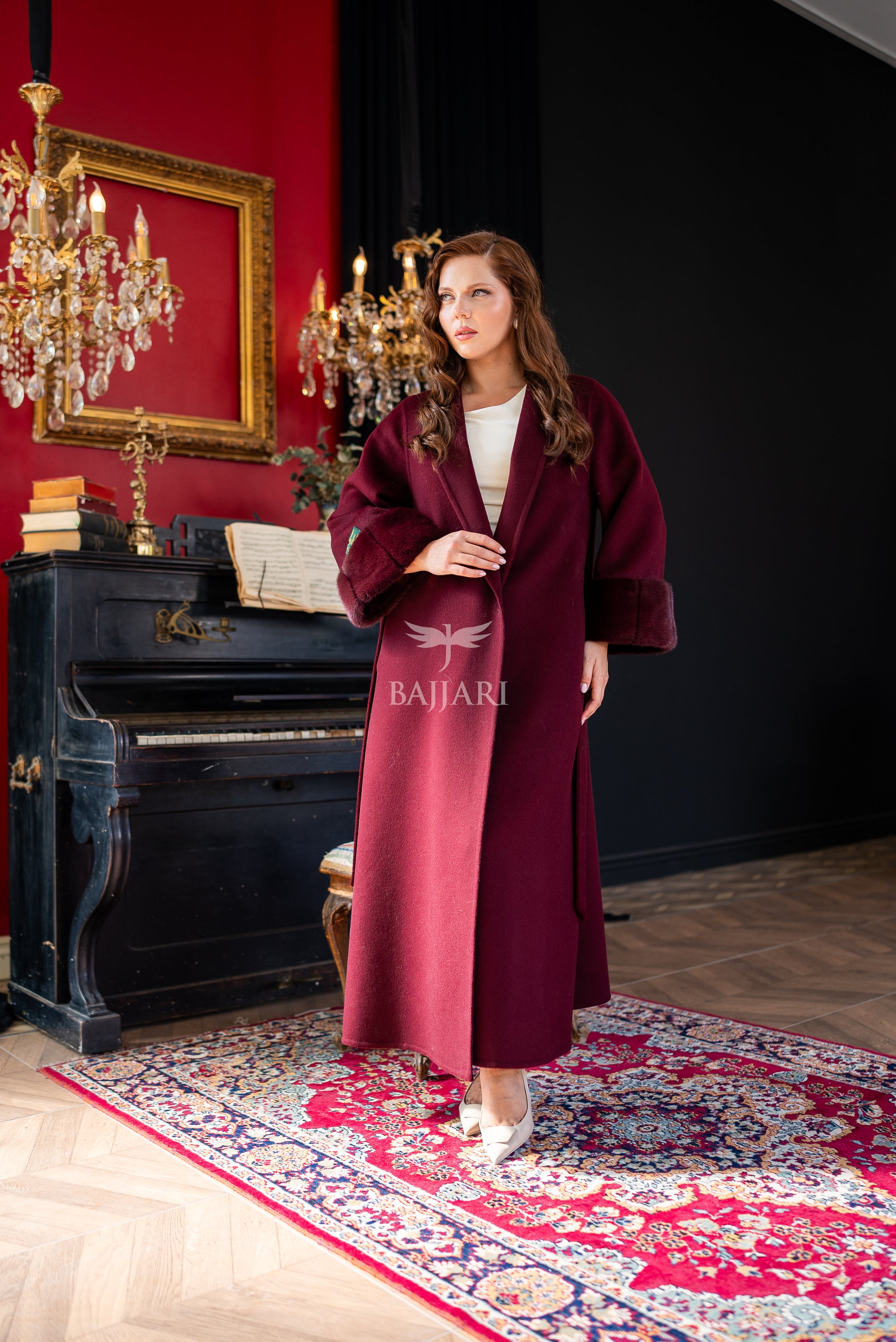 The Color of Elegance and Nobility Red Alpaca Fabric Jacket | Mink Fur Sleeves &amp; Cuff Detail | Slit Skirt Cut -9024