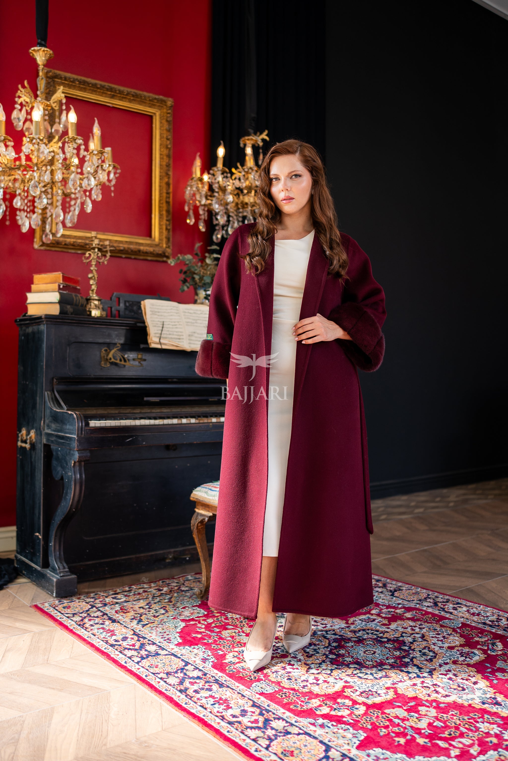 The Color of Elegance and Nobility Red Alpaca Fabric Jacket | Mink Fur Sleeves &amp; Cuff Detail | Slit Skirt Cut -9024