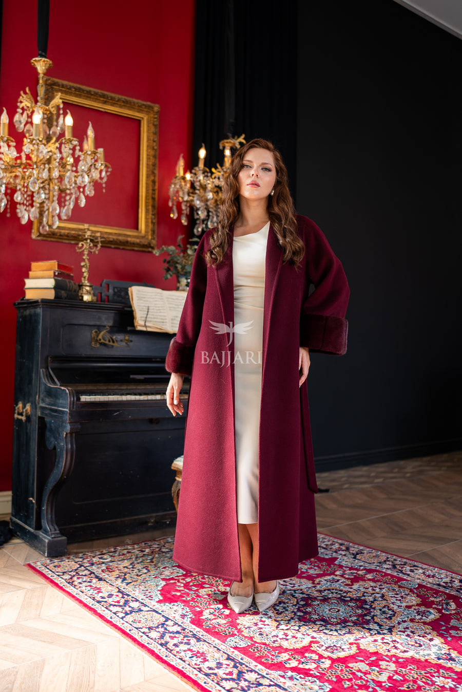 The Color of Elegance and Nobility Red Alpaca Fabric Jacket | Mink Fur Sleeves &amp; Cuff Detail | Slit Skirt Cut -9024