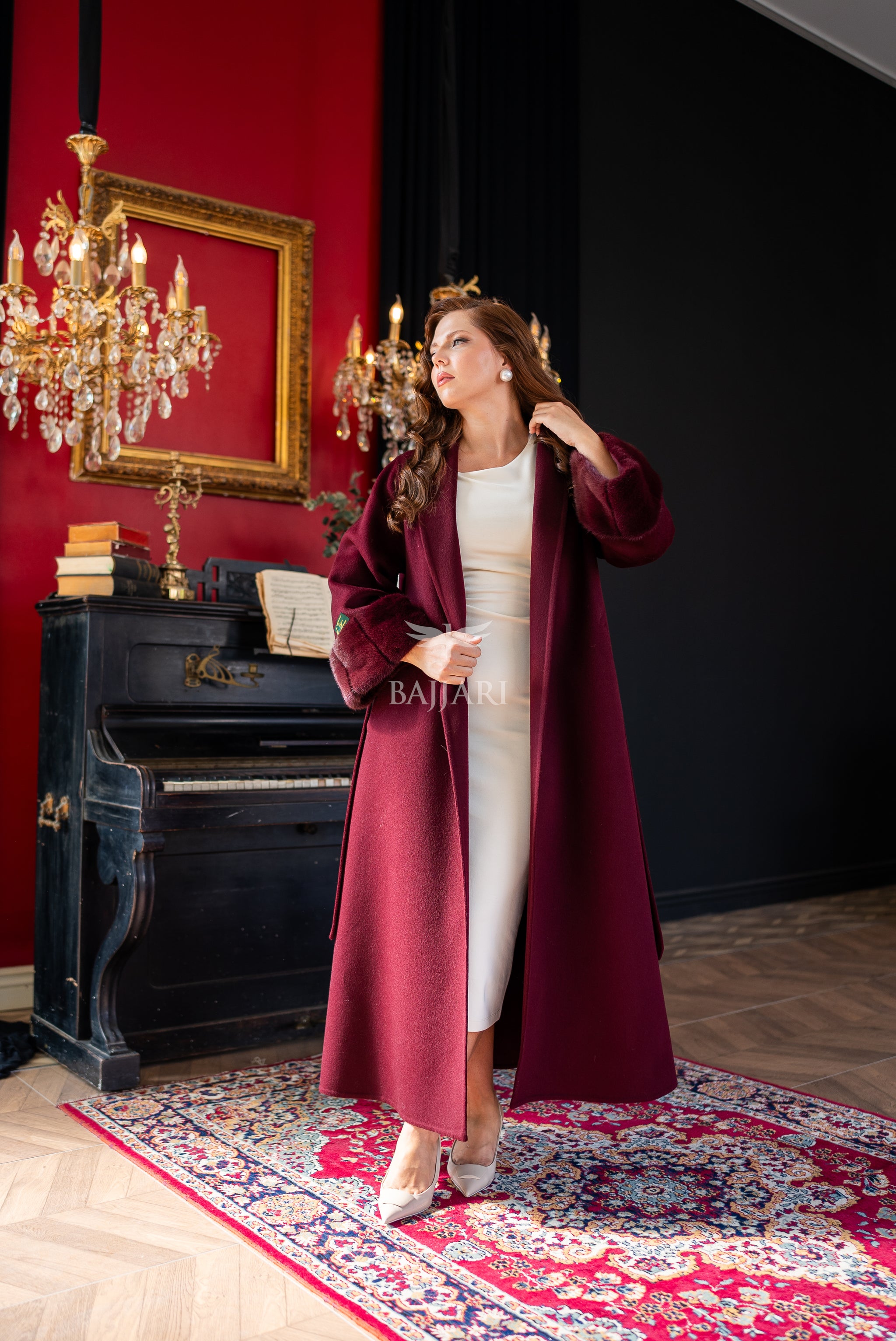 The Color of Elegance and Nobility Red Alpaca Fabric Jacket | Mink Fur Sleeves &amp; Cuff Detail | Slit Skirt Cut -9024
