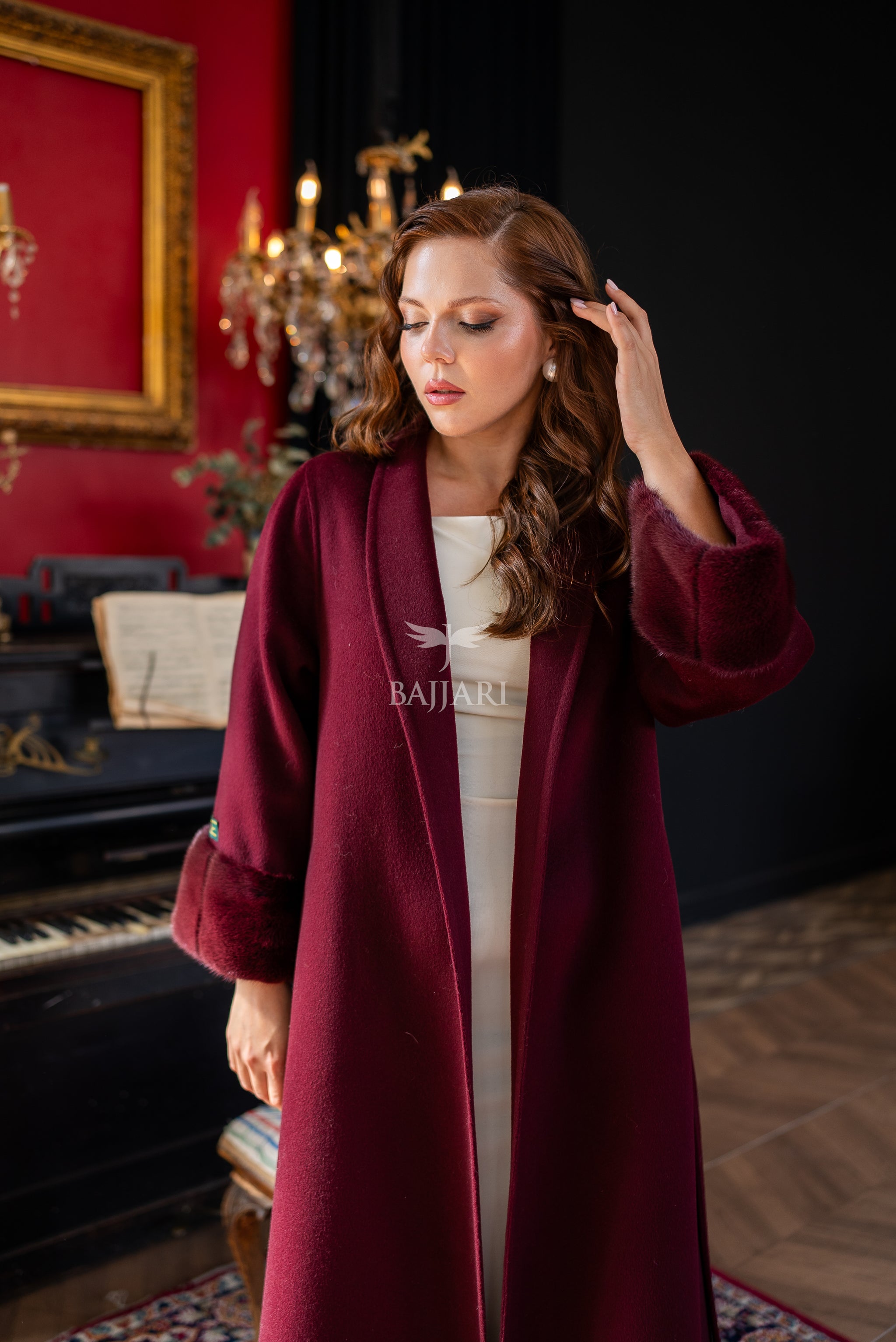 The Color of Elegance and Nobility Red Alpaca Fabric Jacket | Mink Fur Sleeves &amp; Cuff Detail | Slit Skirt Cut -9024