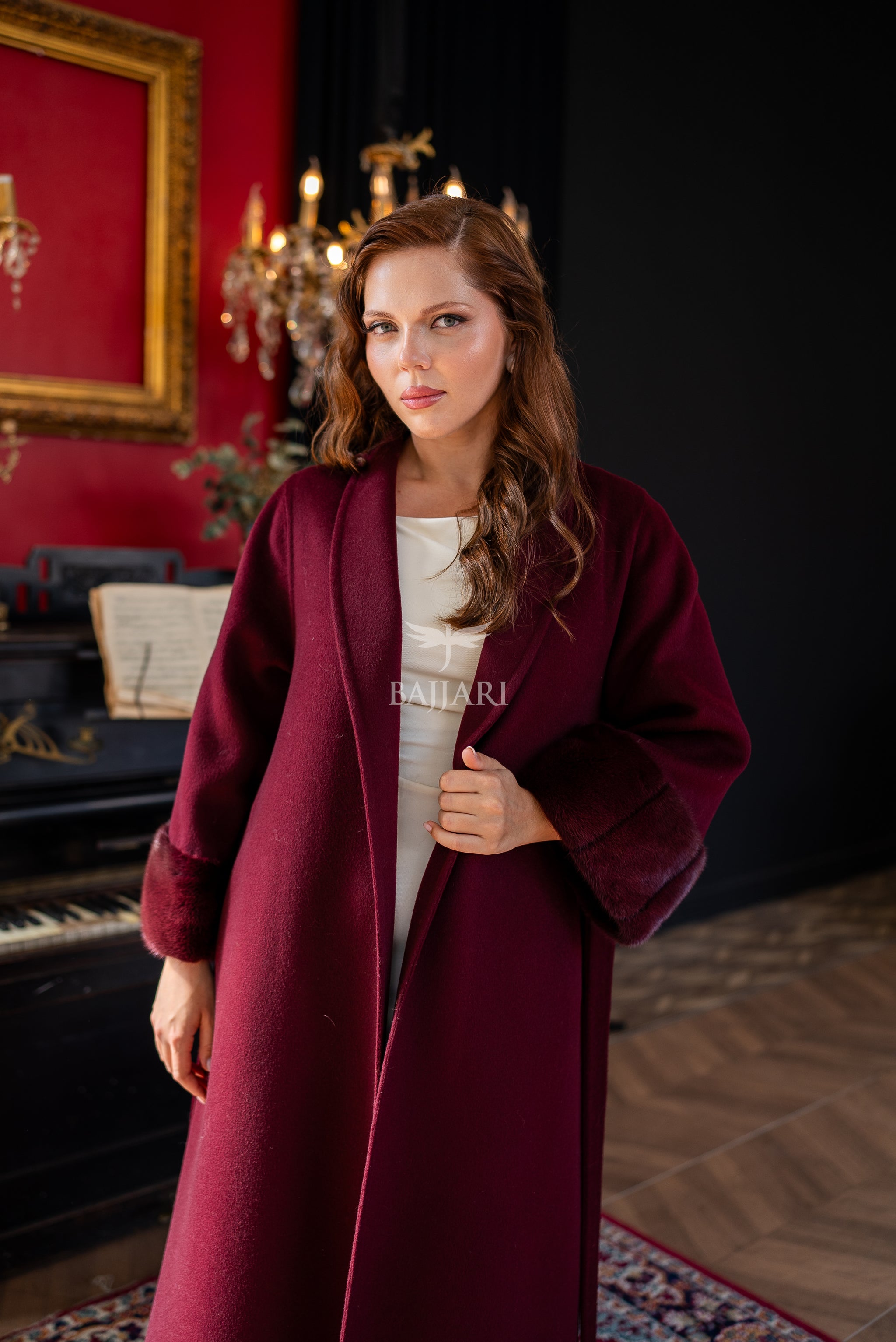 The Color of Elegance and Nobility Red Alpaca Fabric Jacket | Mink Fur Sleeves &amp; Cuff Detail | Slit Skirt Cut -9024