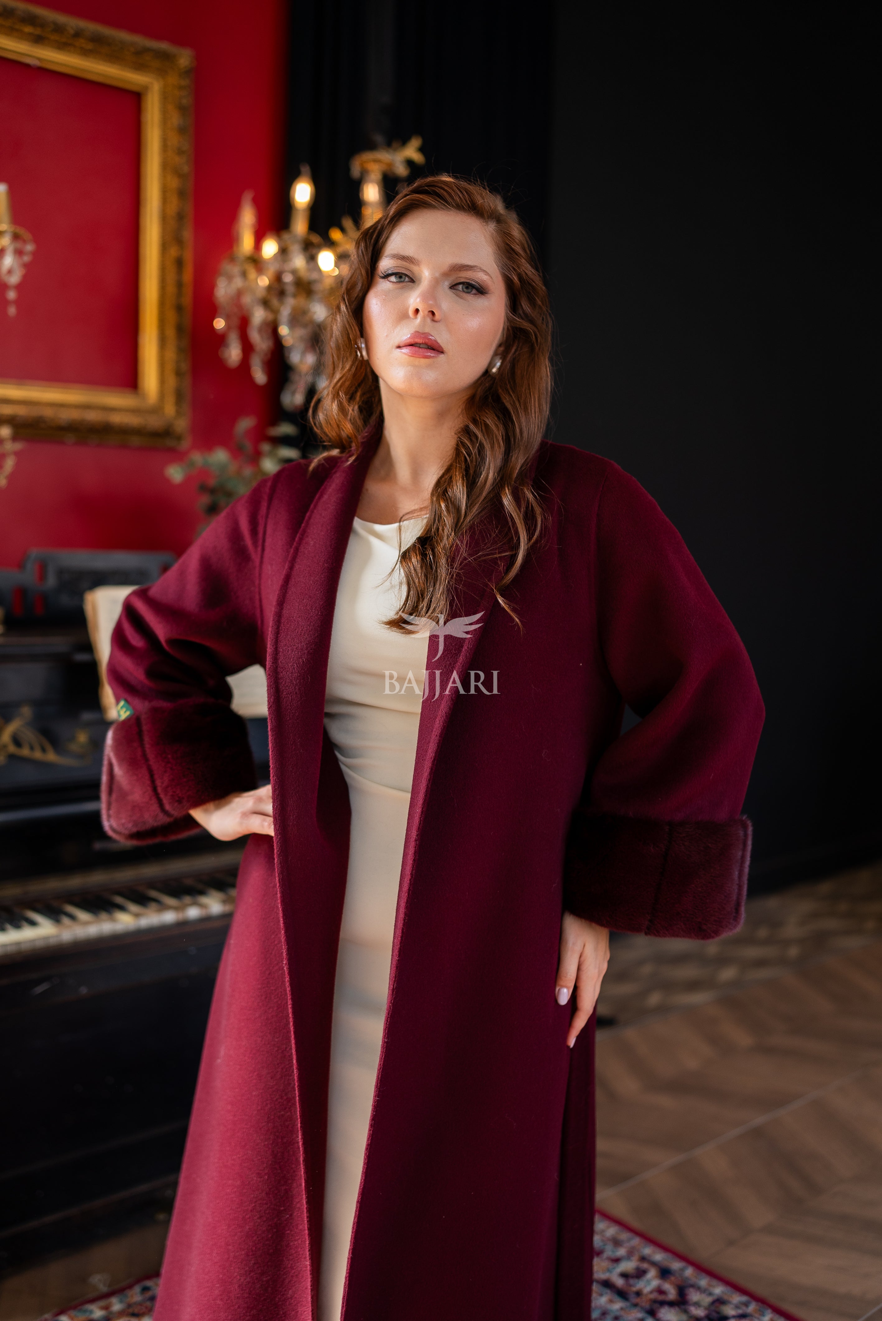 The Color of Elegance and Nobility Red Alpaca Fabric Jacket | Mink Fur Sleeves &amp; Cuff Detail | Slit Skirt Cut -9024