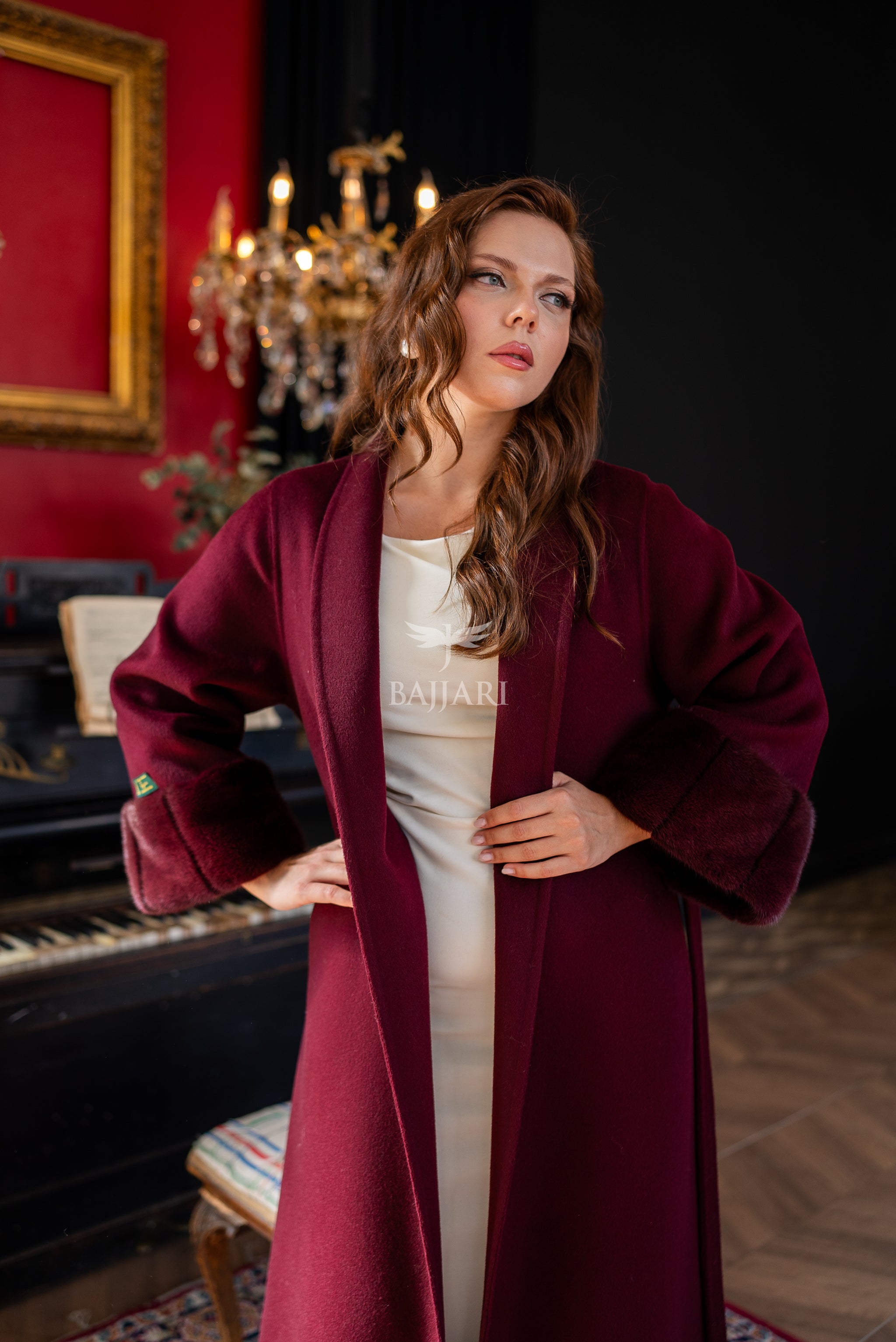 The Color of Elegance and Nobility Red Alpaca Fabric Jacket | Mink Fur Sleeves &amp; Cuff Detail | Slit Skirt Cut -9024