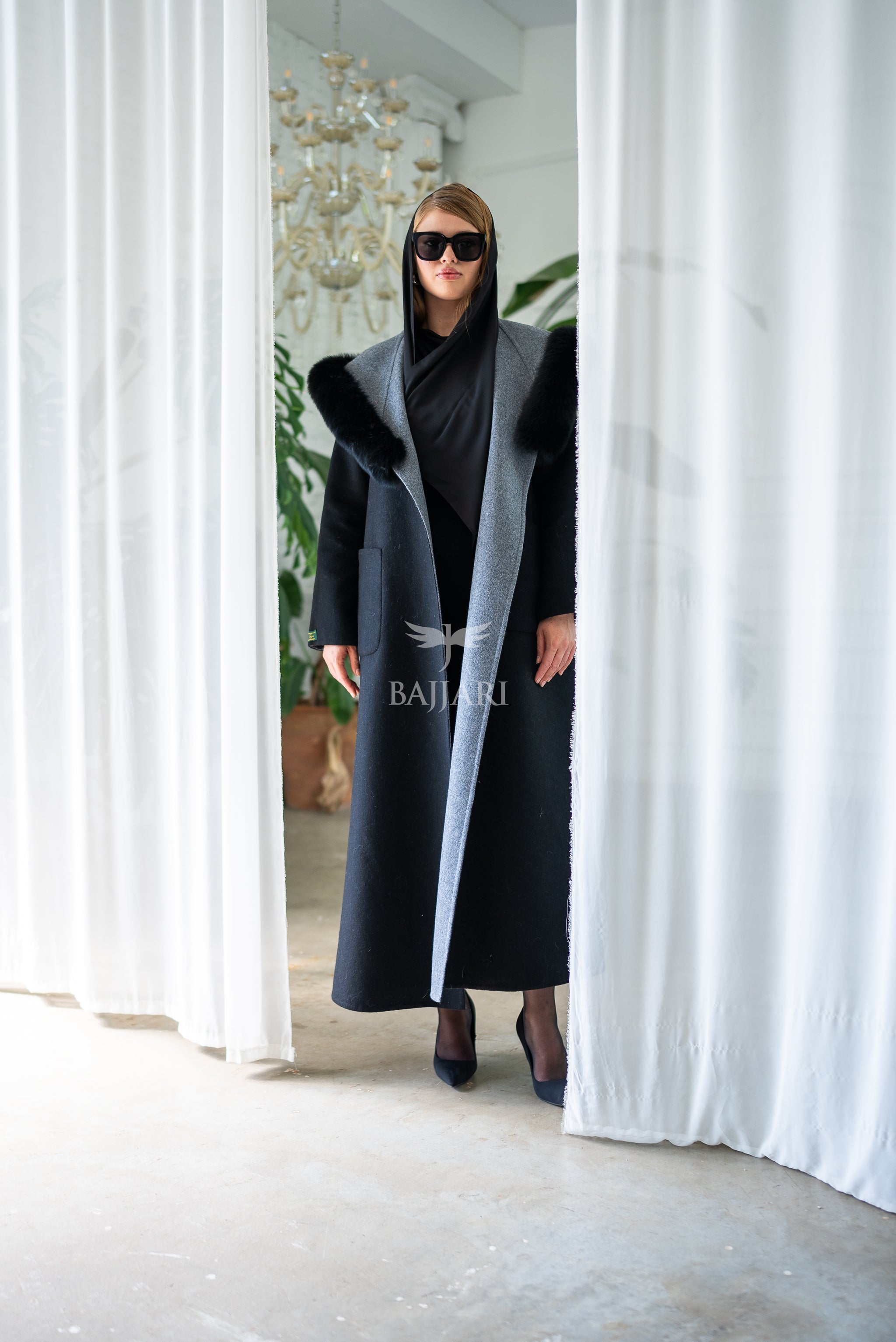 Women's Alpaca Wool Fabric Coat with Soft Fox Fur Trim on the Collar & Special Embroidery on Back Detail -9022-