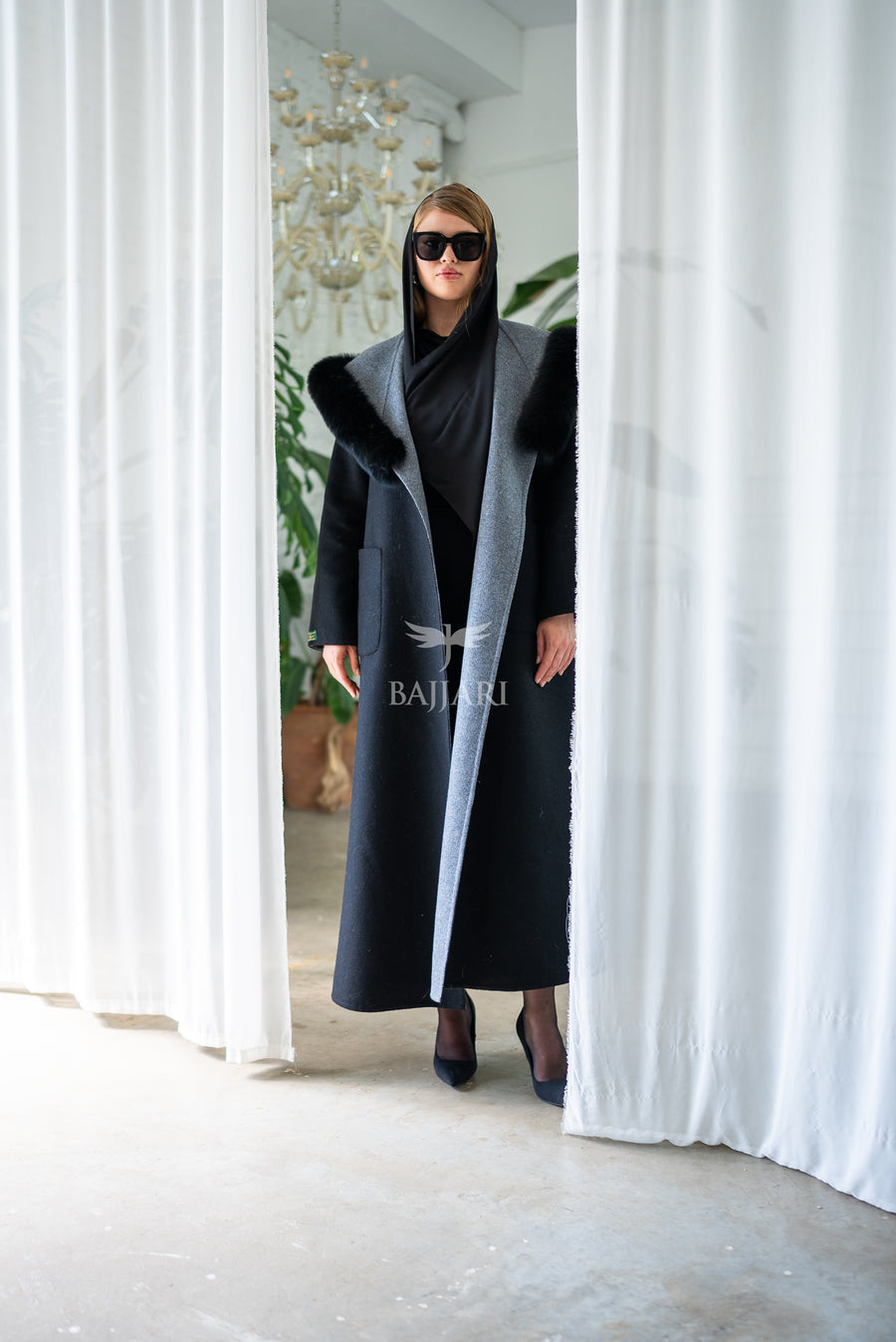 Women's Alpaca Wool Fabric Coat with Soft Fox Fur Trim on the Collar & Special Embroidery on Back Detail -9022-