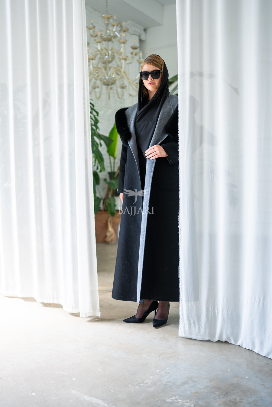Women's Alpaca Wool Fabric Coat with Soft Fox Fur Trim on the Collar & Special Embroidery on Back Detail -9022-