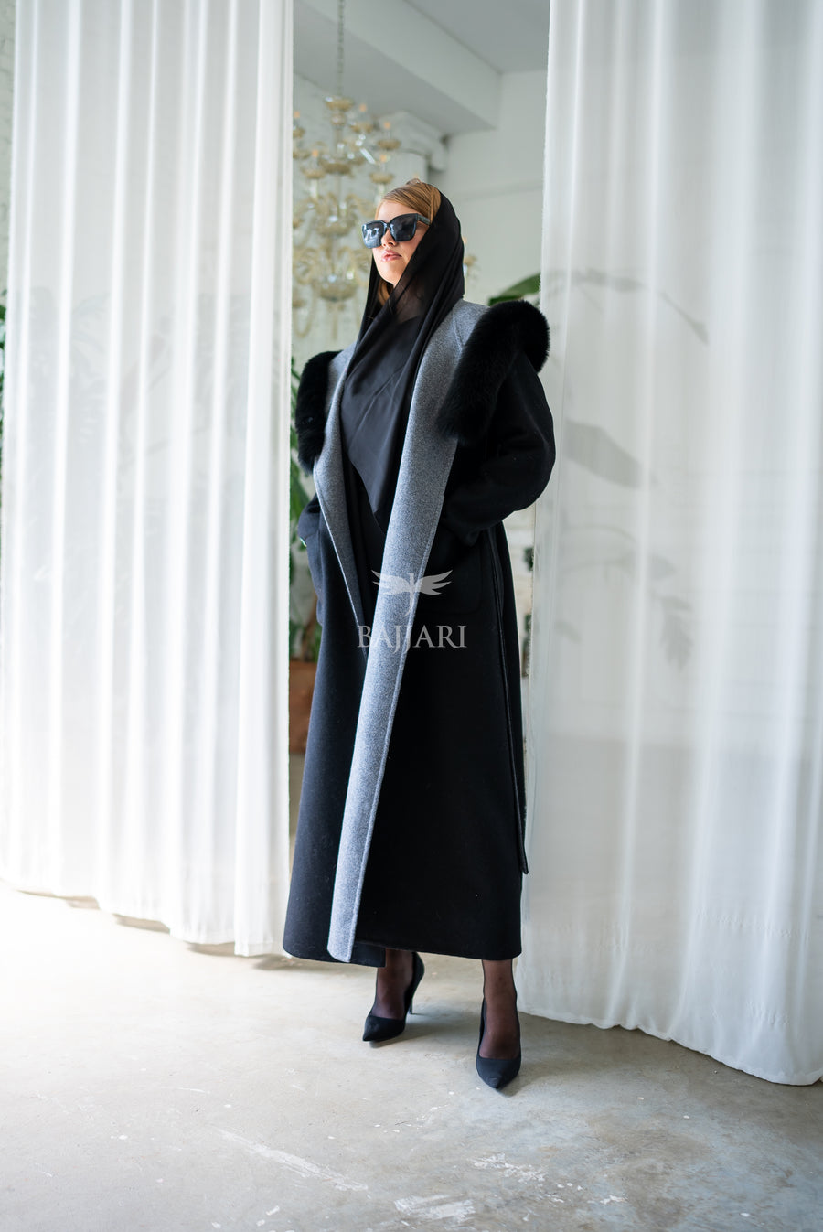 Women's Alpaca Wool Fabric Coat with Soft Fox Fur Trim on the Collar & Special Embroidery on Back Detail -9022-
