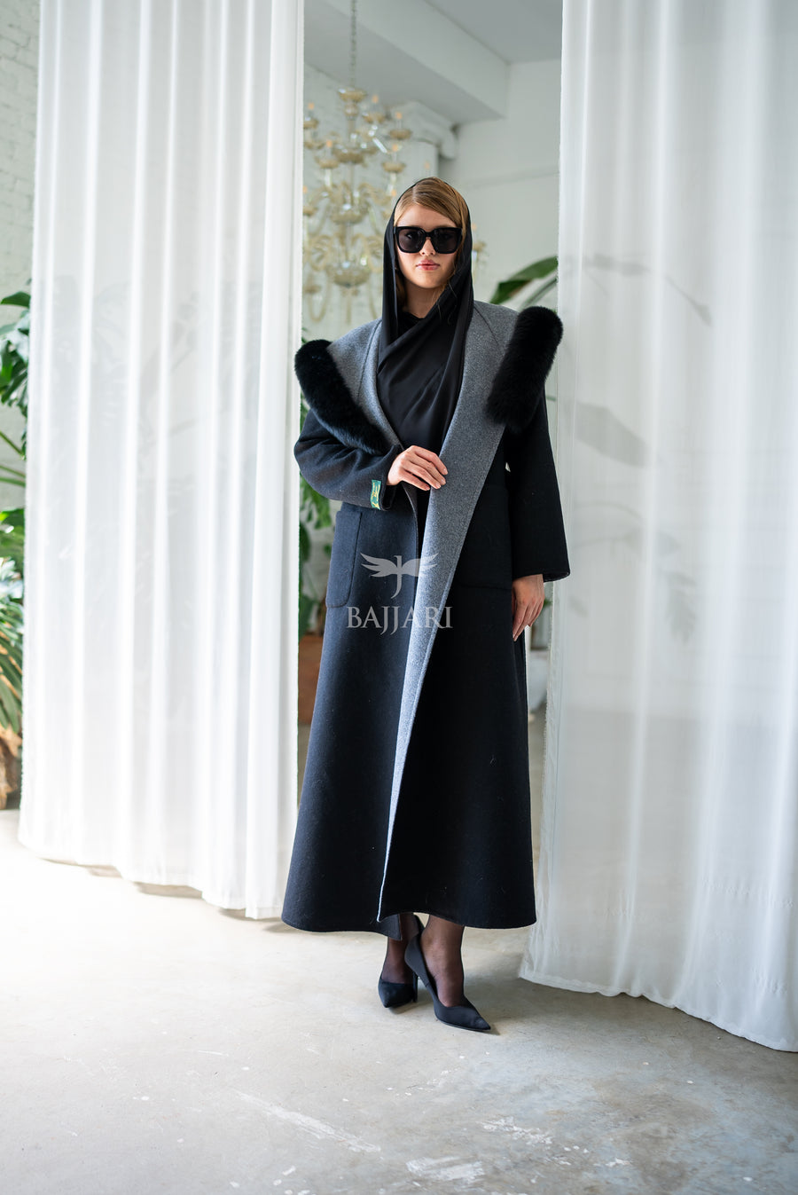 Women's Alpaca Wool Fabric Coat with Soft Fox Fur Trim on the Collar & Special Embroidery on Back Detail -9022-