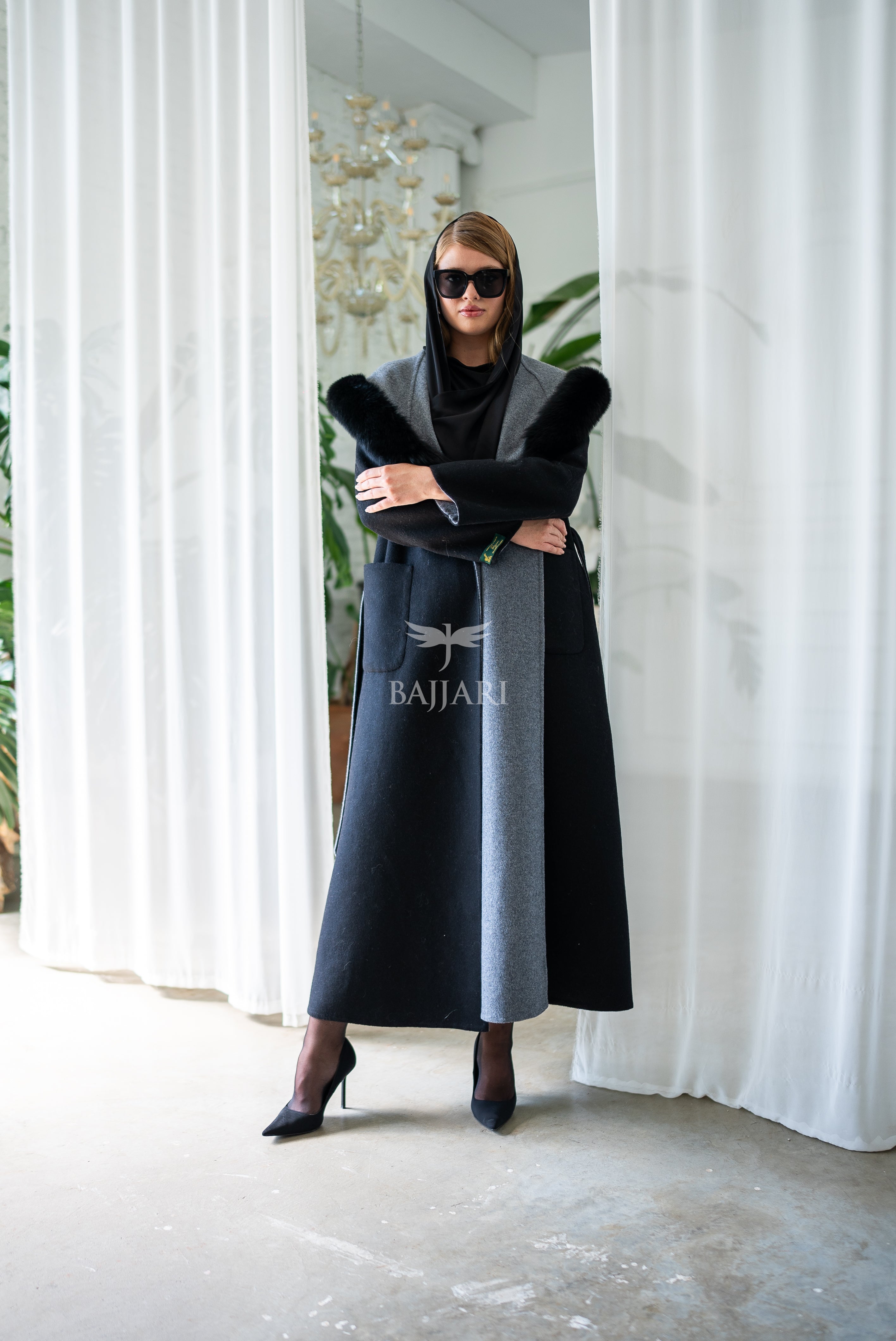 Women's Alpaca Wool Fabric Coat with Soft Fox Fur Trim on the Collar & Special Embroidery on Back Detail -9022-
