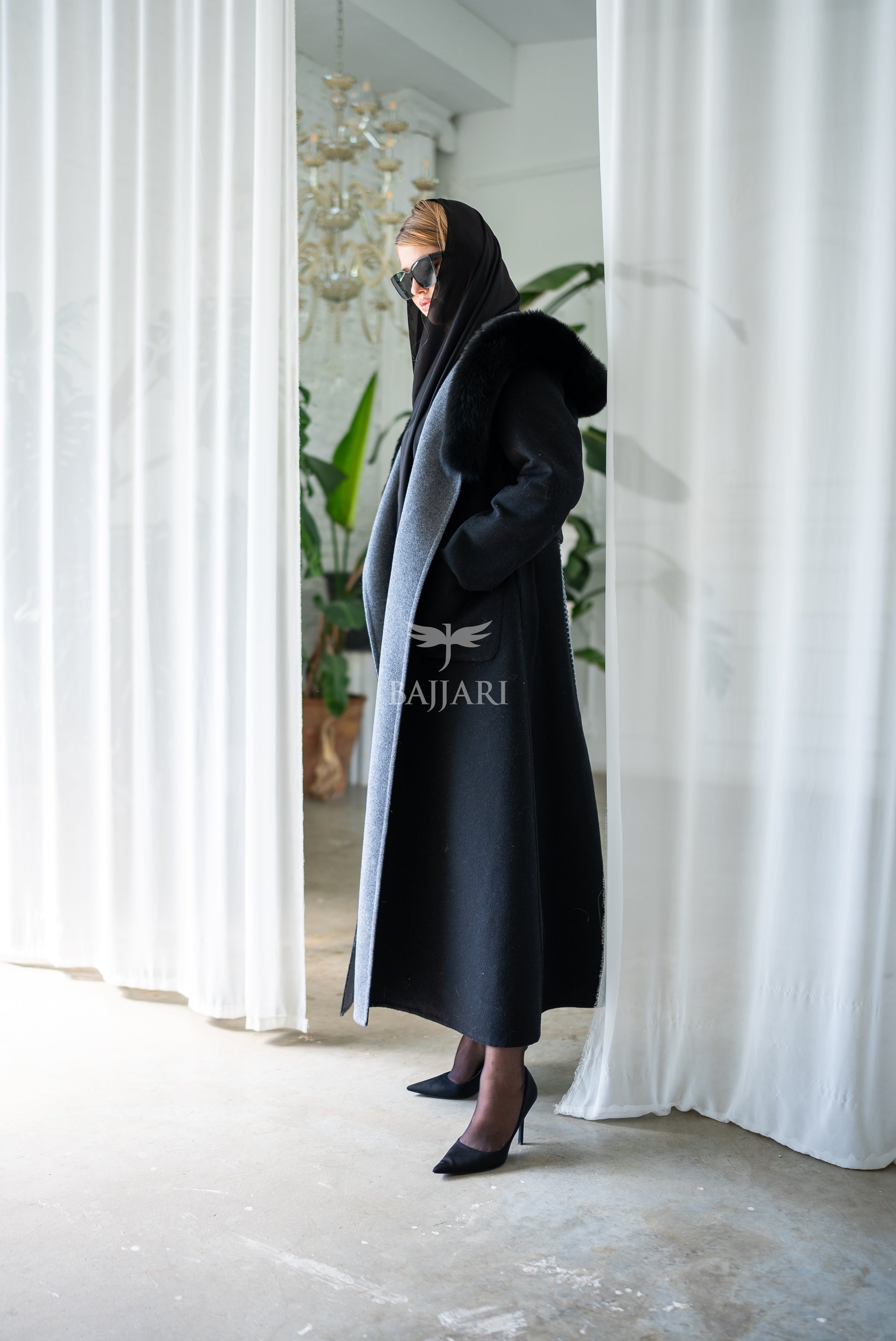 Women's Alpaca Wool Fabric Coat with Soft Fox Fur Trim on the Collar & Special Embroidery on Back Detail -9022-
