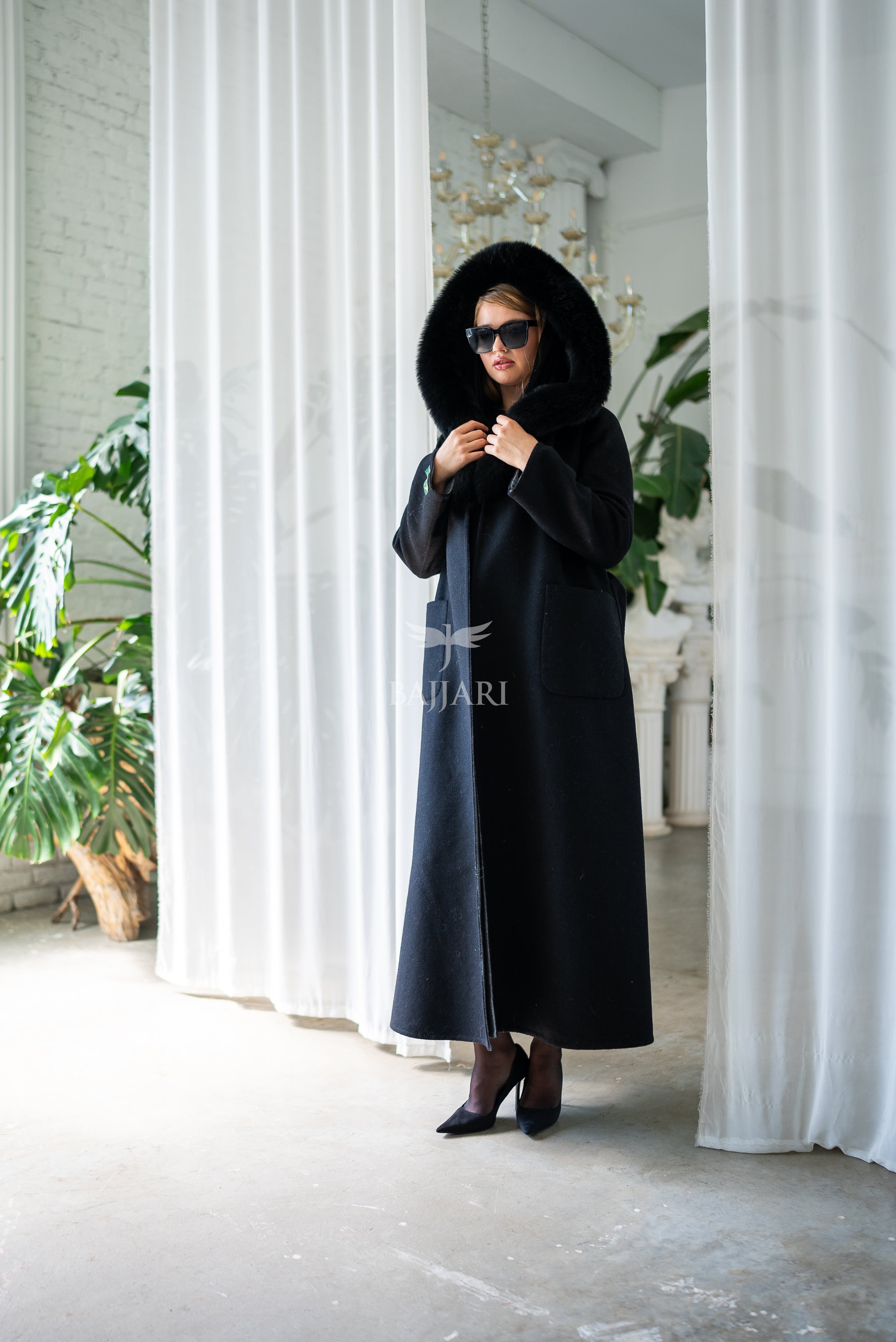 Women's Alpaca Wool Fabric Coat with Soft Fox Fur Trim on the Collar & Special Embroidery on Back Detail -9022-