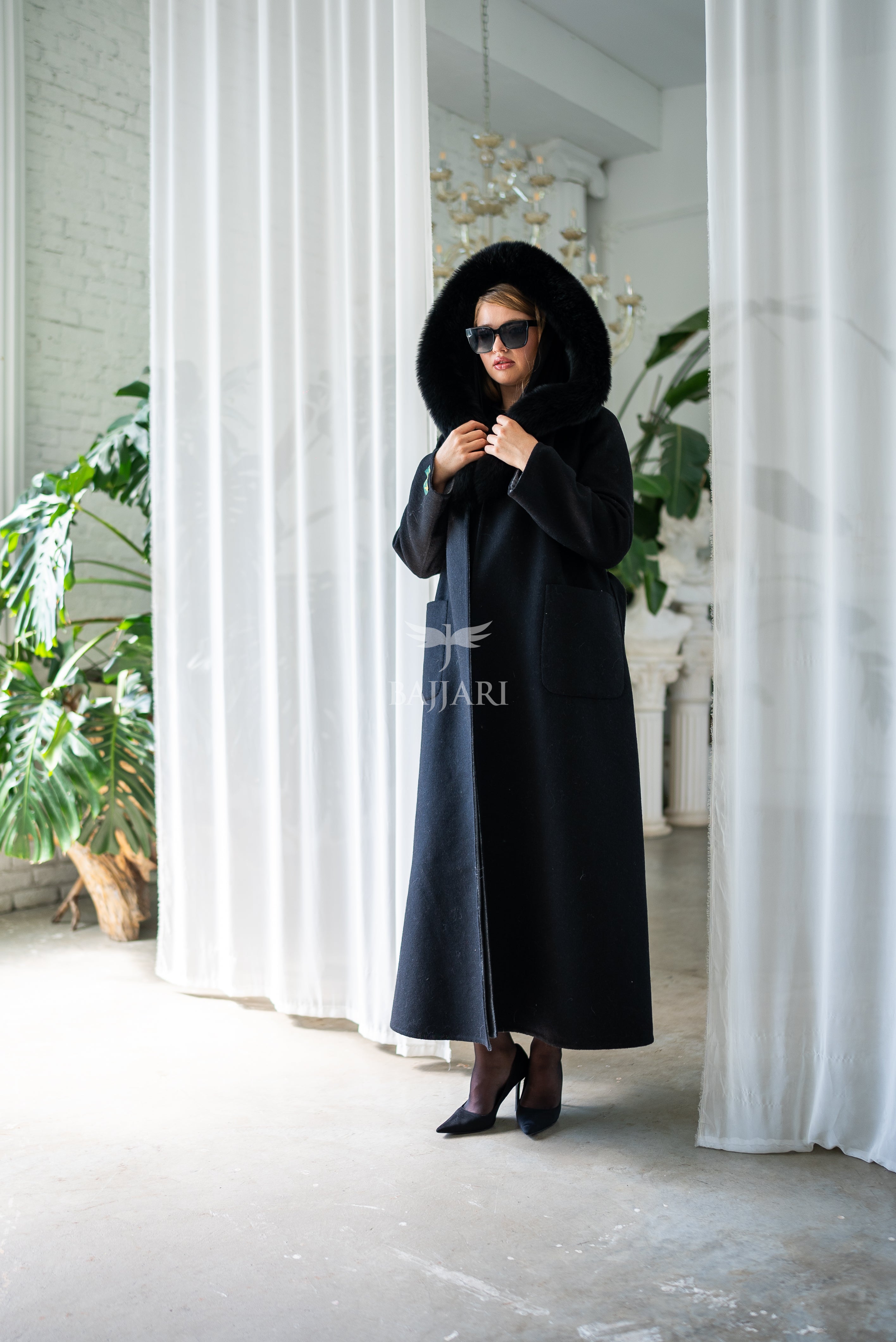 Women's Alpaca Wool Fabric Coat with Soft Fox Fur Trim on the Collar & Special Embroidery on Back Detail -9022-