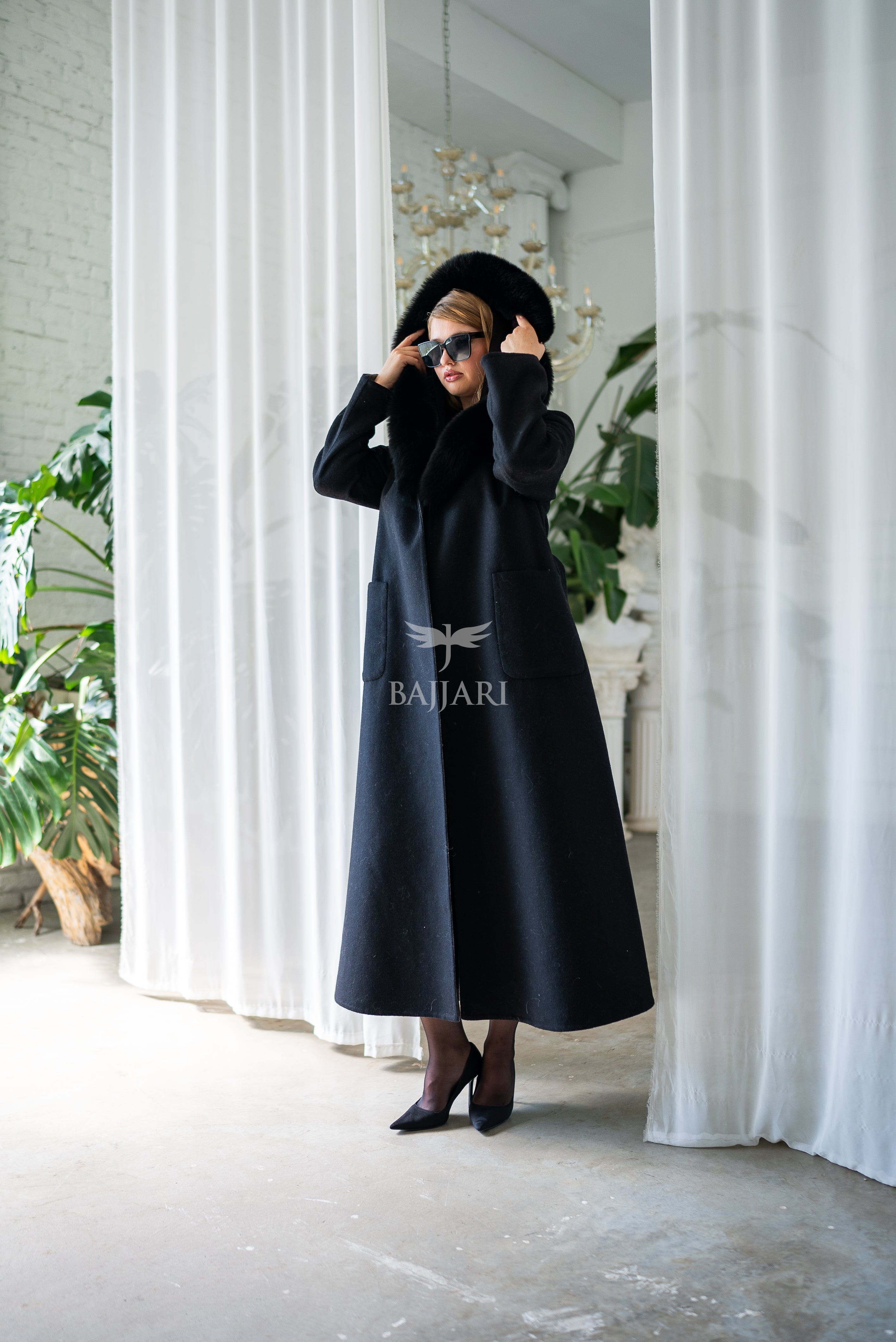 Women's Alpaca Wool Fabric Coat with Soft Fox Fur Trim on the Collar & Special Embroidery on Back Detail -9022-