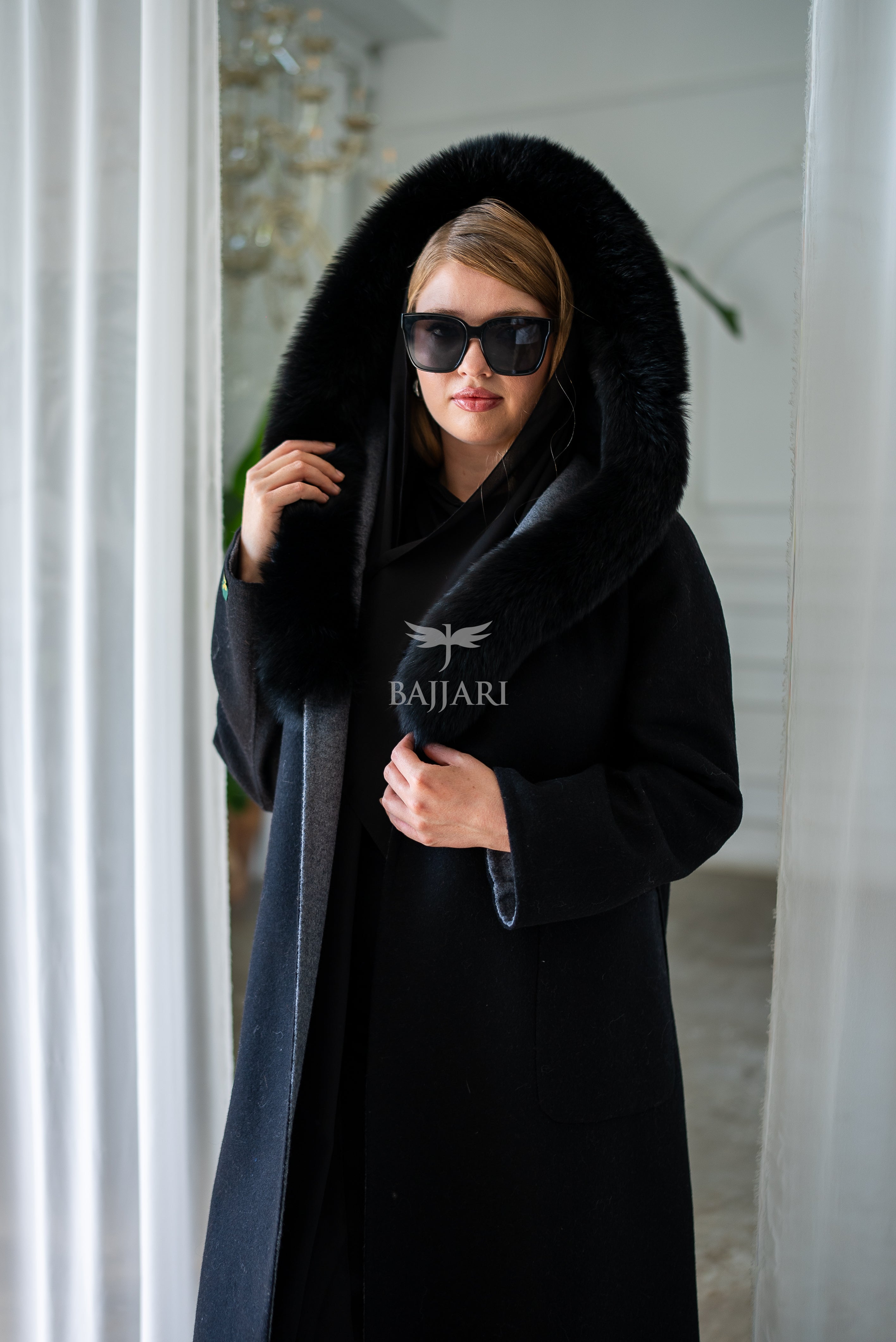 Women's Alpaca Wool Fabric Coat with Soft Fox Fur Trim on the Collar & Special Embroidery on Back Detail -9022-