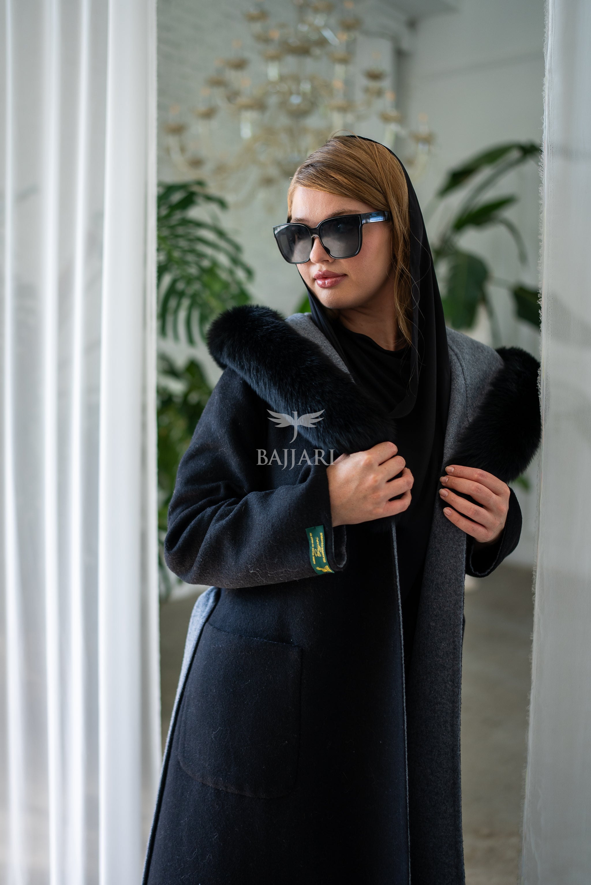 Women's Alpaca Wool Fabric Coat with Soft Fox Fur Trim on the Collar & Special Embroidery on Back Detail -9022-