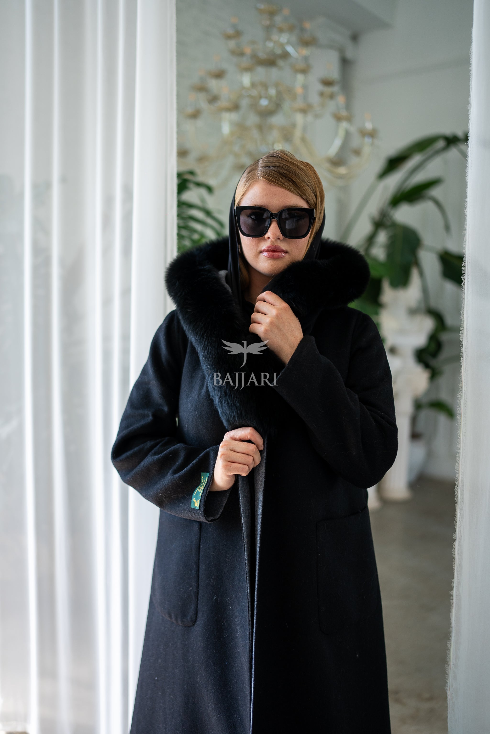 Women's Alpaca Wool Fabric Coat with Soft Fox Fur Trim on the Collar & Special Embroidery on Back Detail -9022-