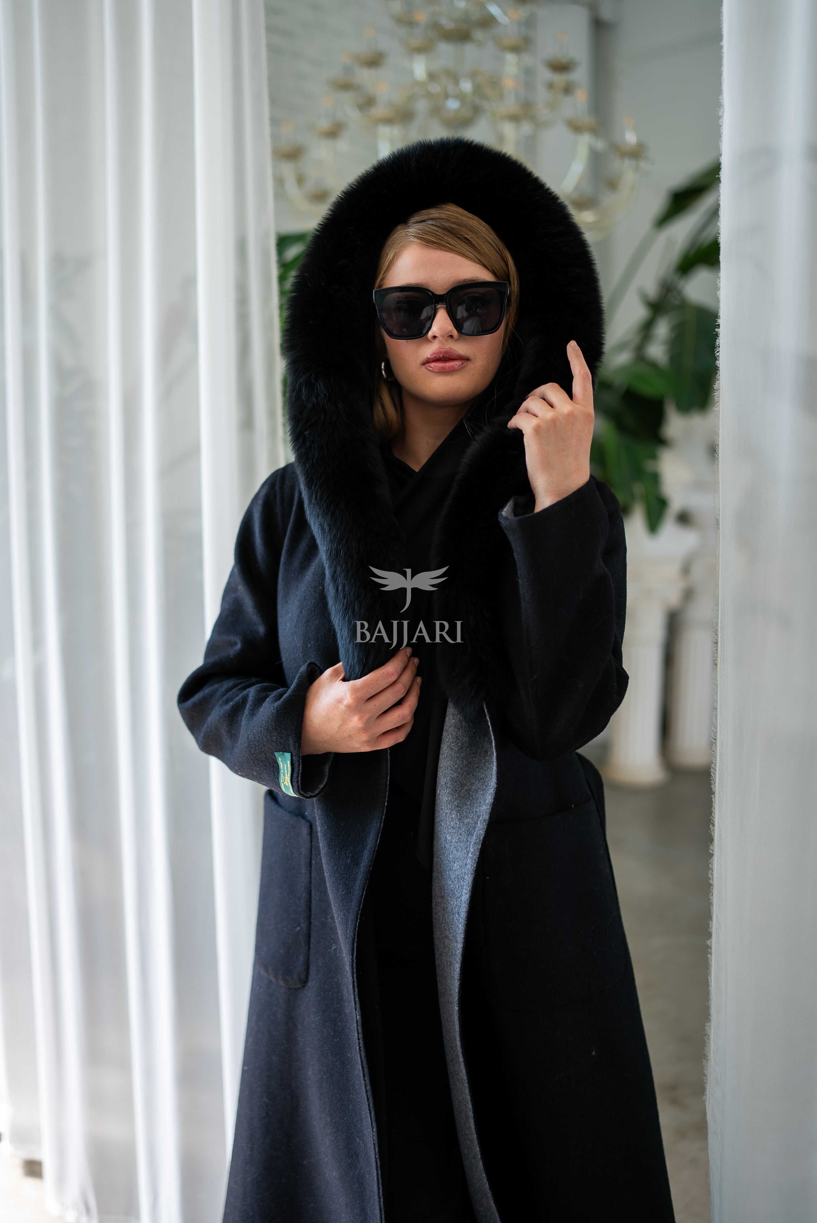 Women's Alpaca Wool Fabric Coat with Soft Fox Fur Trim on the Collar & Special Embroidery on Back Detail -9022-