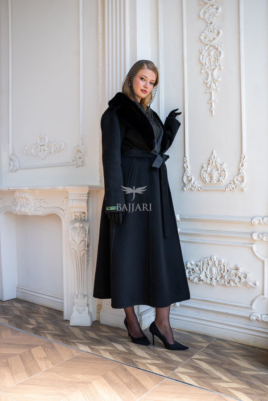 Elegant Women’s Coat with Alpaca Wool Fabric and Mink Fur Collar -9494-