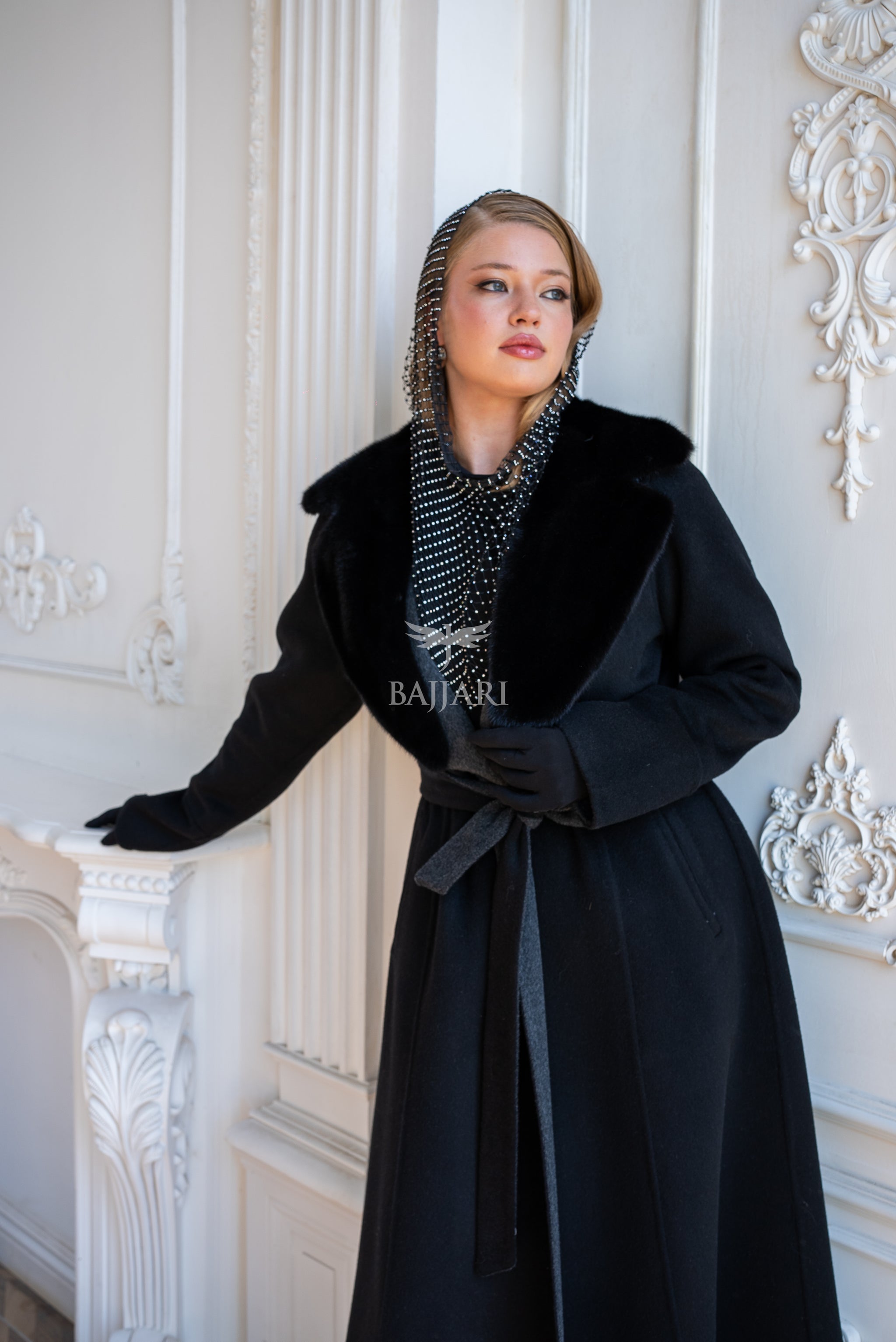 Elegant Women’s Coat with Alpaca Wool Fabric and Mink Fur Collar -9494-