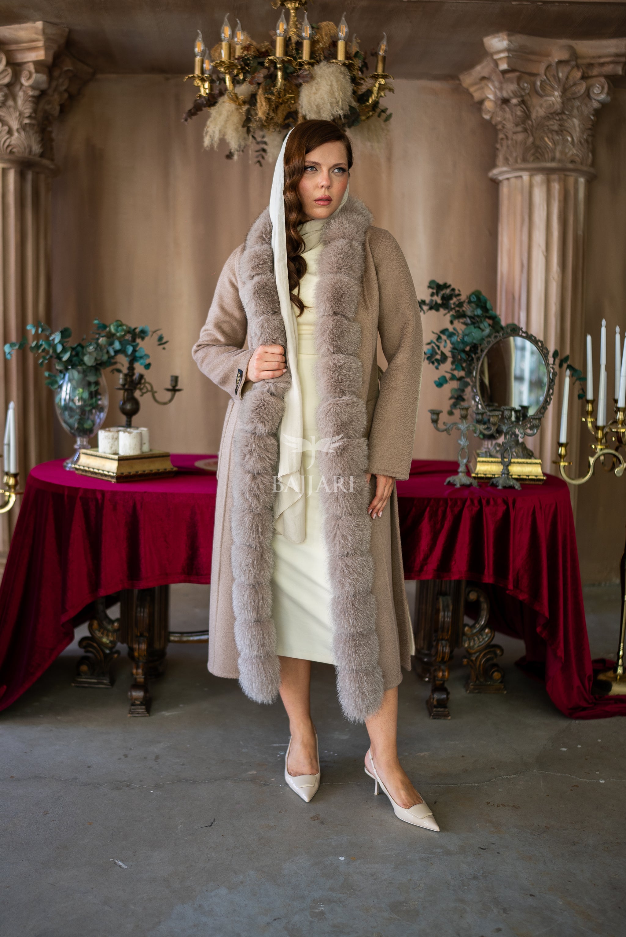 Elegant Alpaca Fox-Embroidered Jacket | Real Fox Fur Collar and Front Detail -9220-