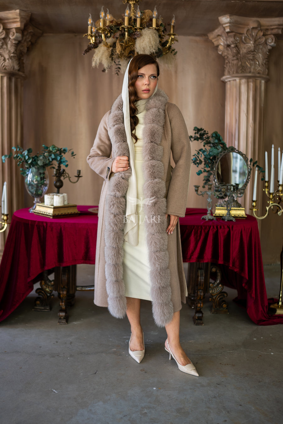 Elegant Alpaca Fox-Embroidered Jacket | Real Fox Fur Collar and Front Detail -9220-