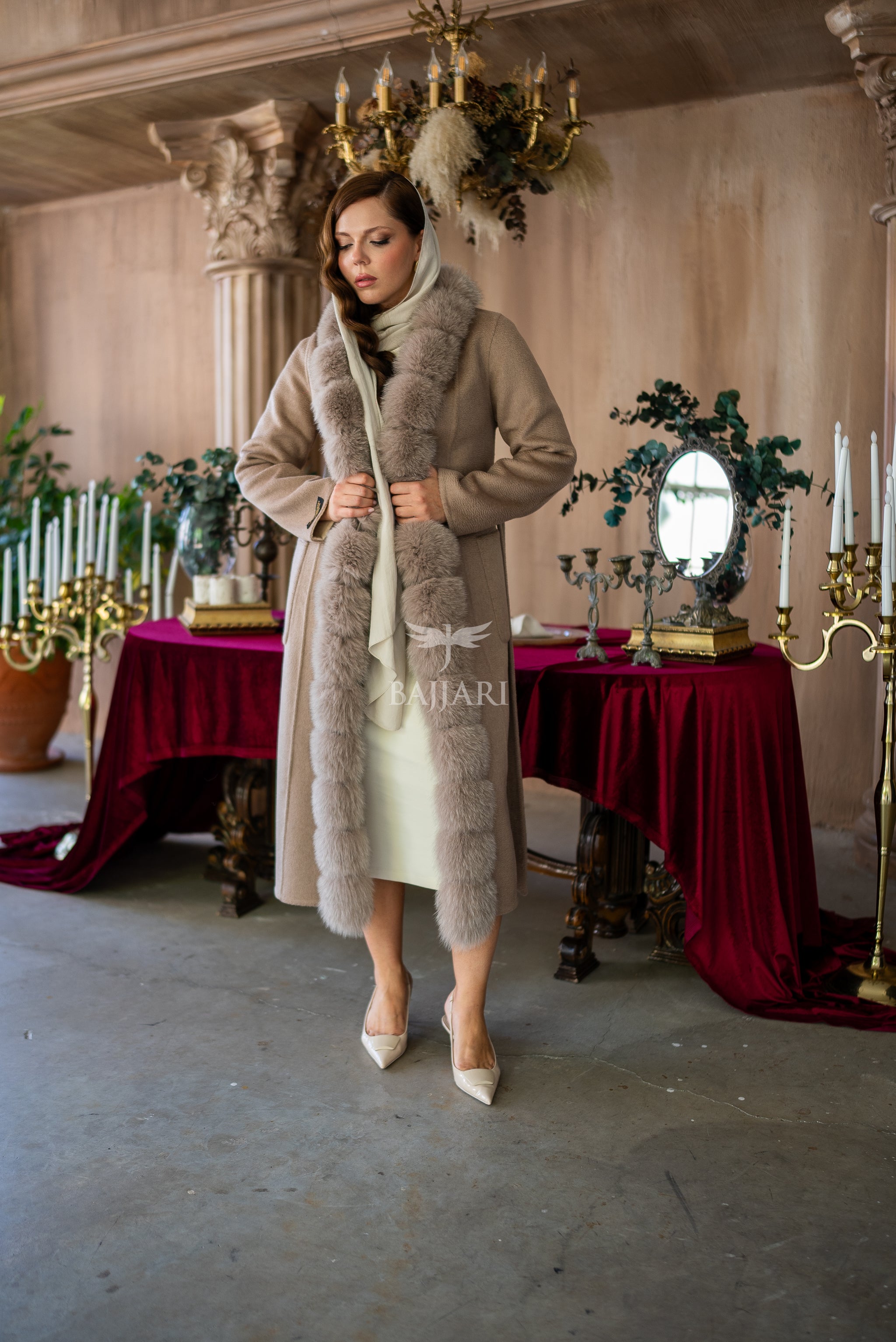 Elegant Alpaca Fox-Embroidered Jacket | Real Fox Fur Collar and Front Detail -9220-